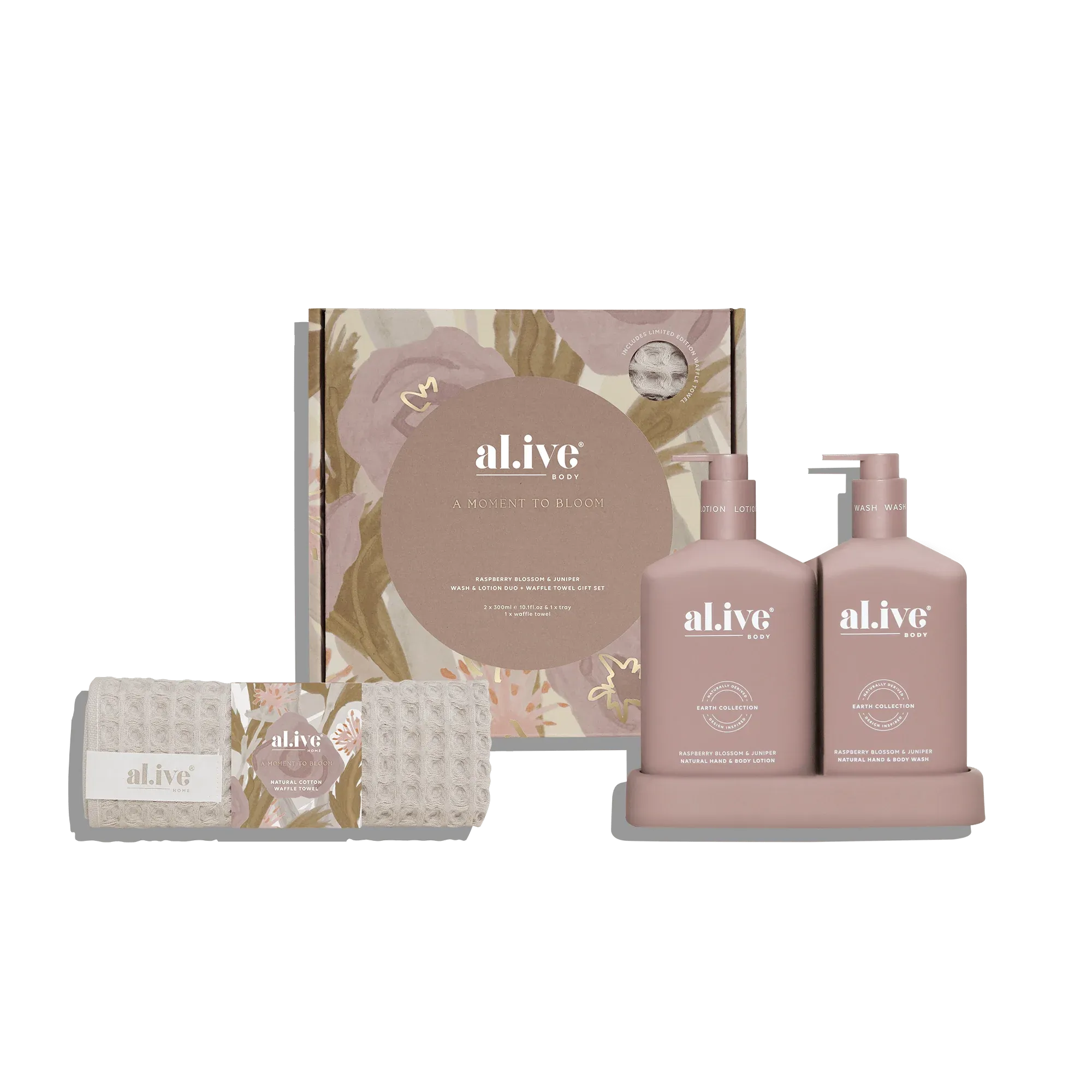 Al.ive Body Wash & Lotion Duo + Waffle Towel Gift Set - Raspberry Blossom & Juniper