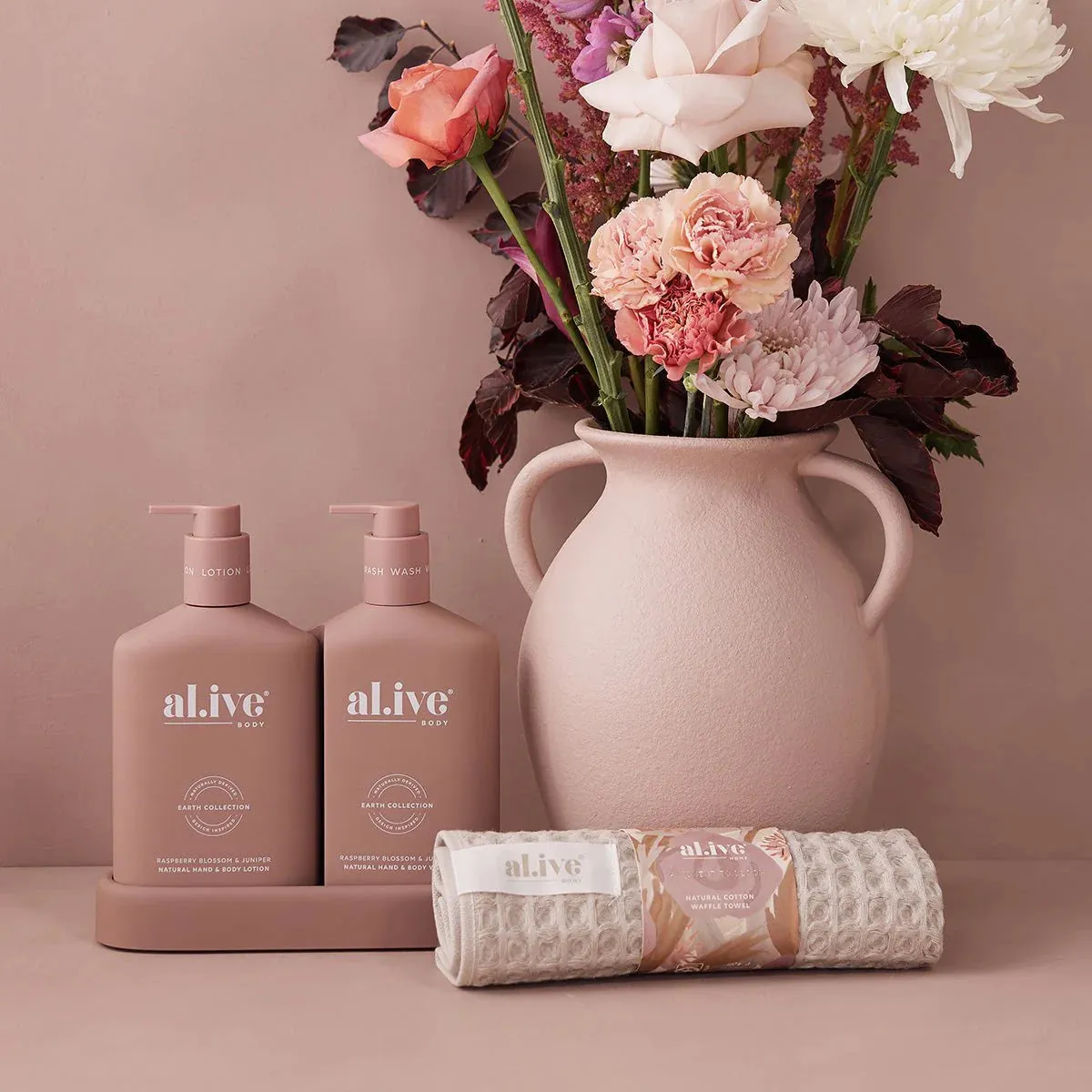 Al.ive Body Wash & Lotion Duo + Waffle Towel Gift Set - Raspberry Blossom & Juniper