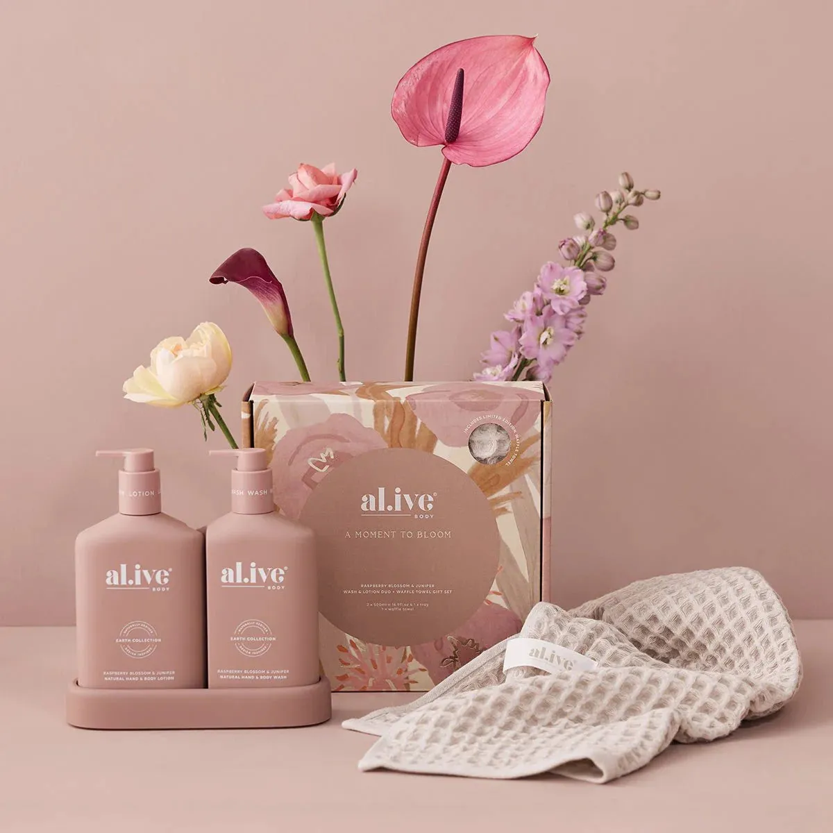 Al.ive Body Wash & Lotion Duo + Waffle Towel Gift Set - Raspberry Blossom & Juniper