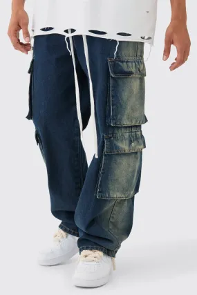 Baggy Rigid Elasticated Waist Acid Washed Cargo Jeans In Antique Blue | boohooMAN UK