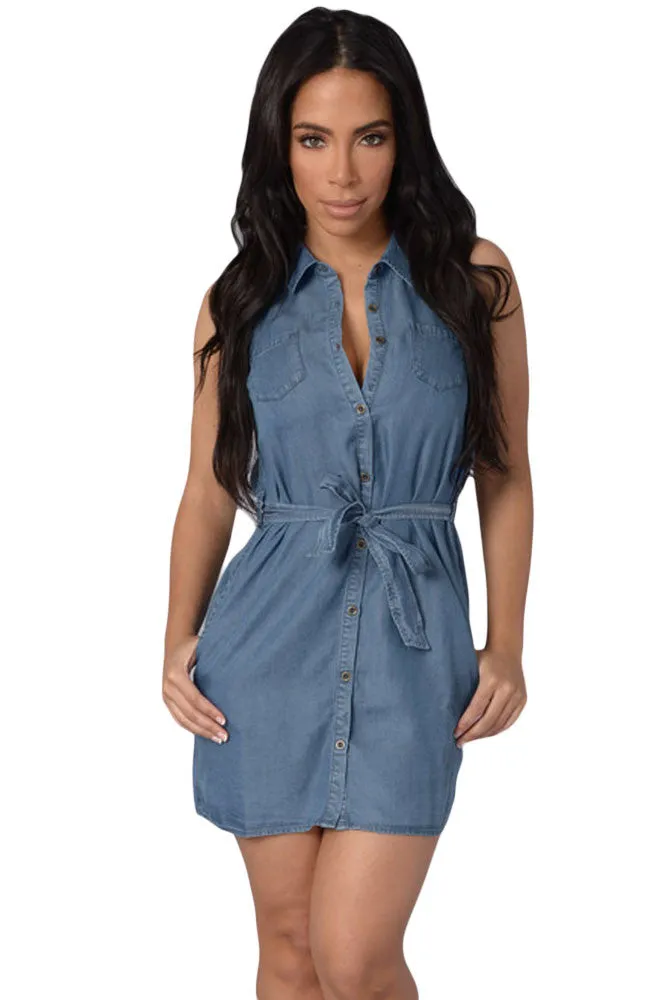 Belt  Blue Jeans Tunic Denim Dress Sundress Long Shirt Dress Sleeveless Ladies  Mini Dress Sexy Club Wear SM6