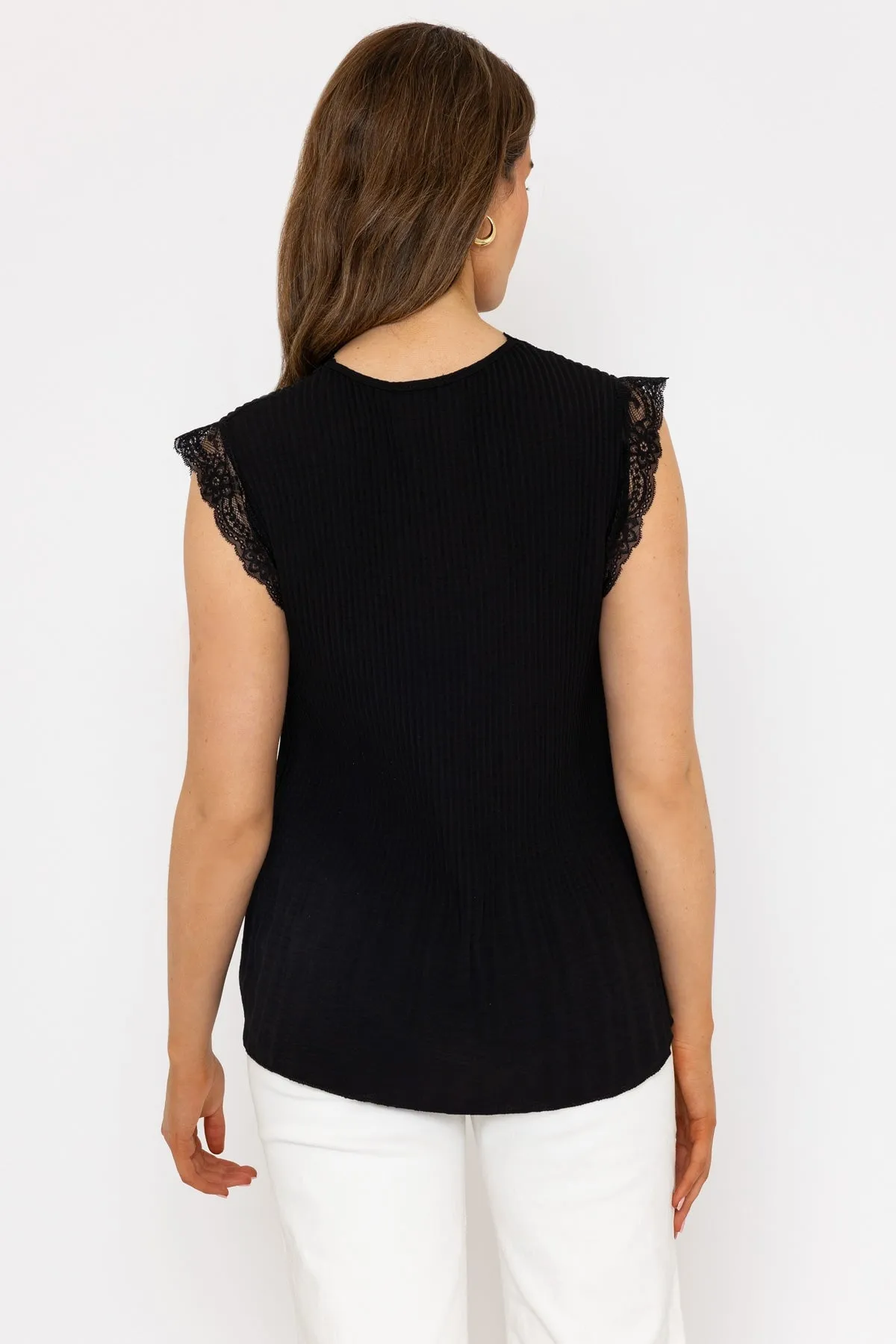 Black Sleeveless Lace Trim Pleat Top