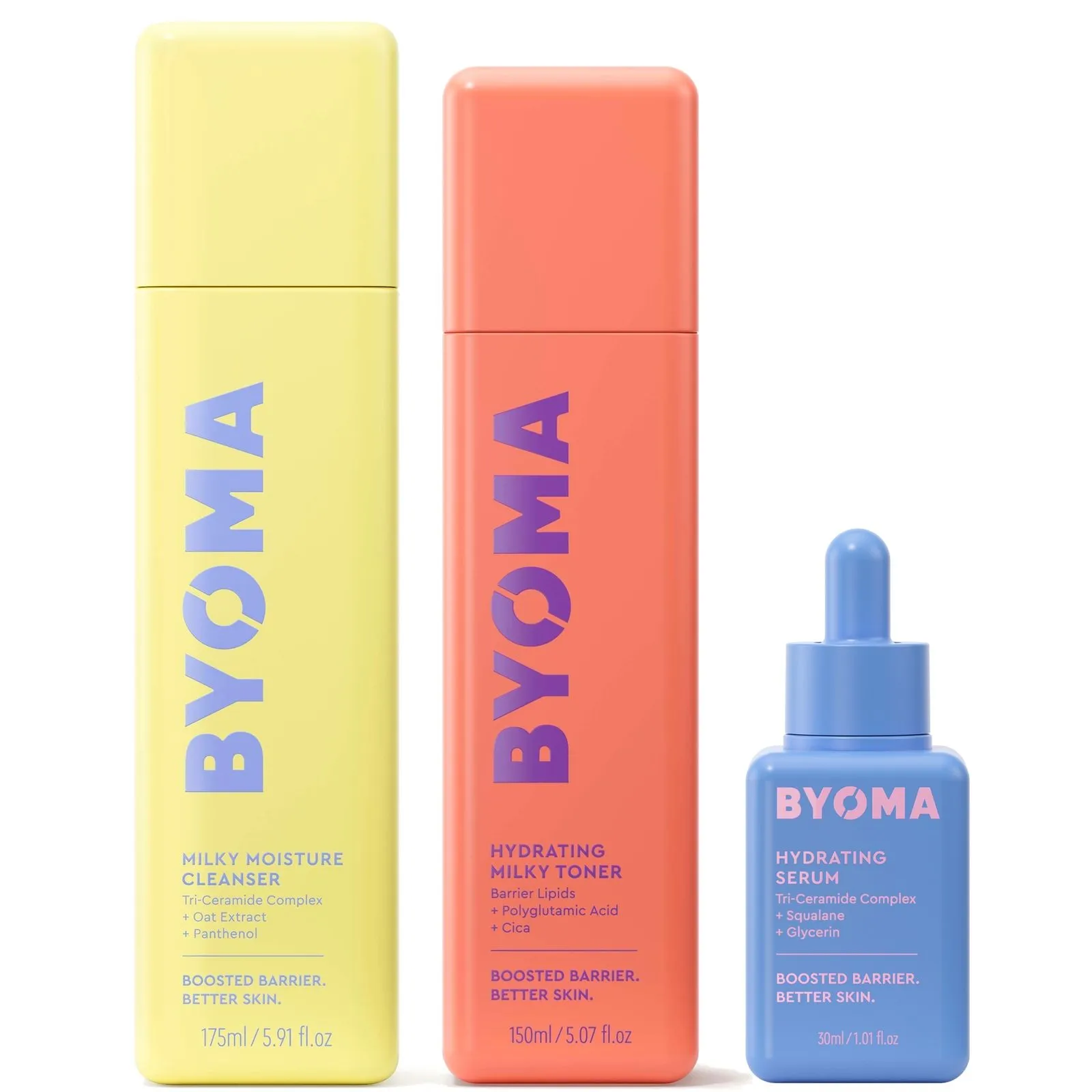 BYOMA Milky Moisture Cleanser 100ml, Hydrating Milky Toner 150ml and Hydrating Serum 30ml Bundle