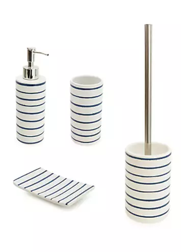 Candlelight Harbour Stripe 4 Piece Soap Dish, Soap Dispenser, Tumbler & Toilet brush & Holder Ceramic Bathroom Set | Kal