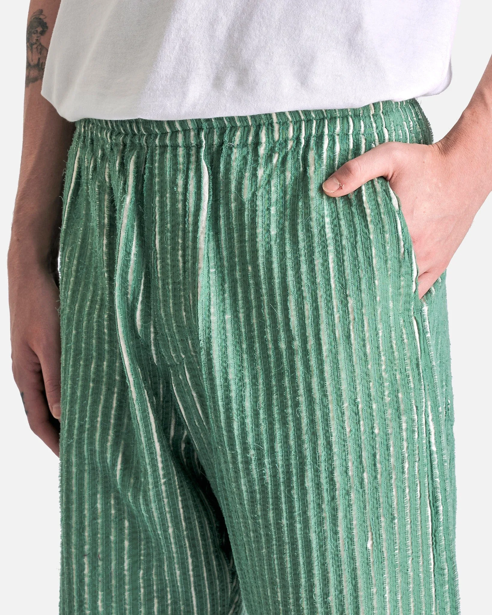 Craig Green Hand-Frayed Stripe Trouser in Green/Cream