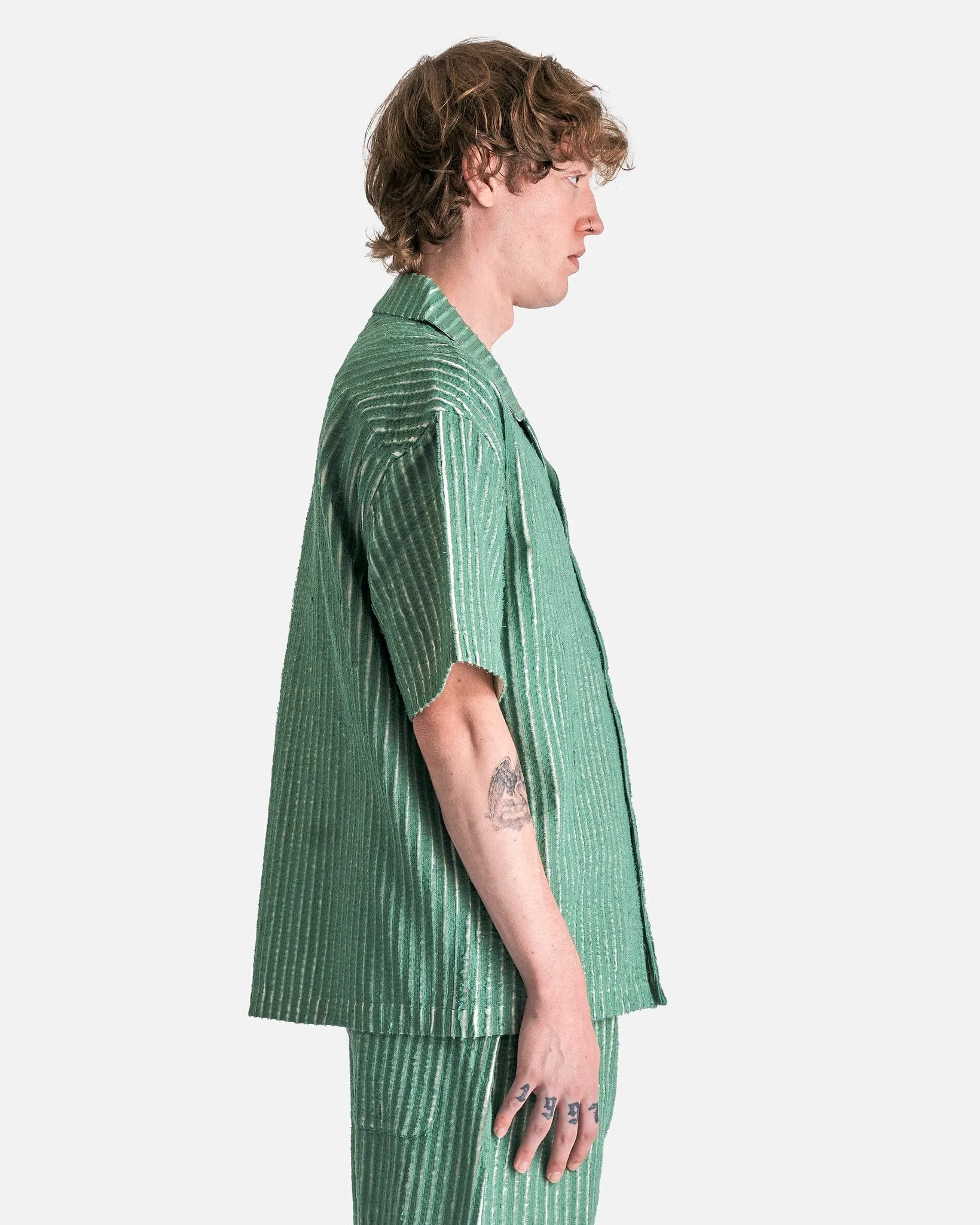 Craig Green Hand-Frayed Striped Short Sleeve Shirt in Green/Cream