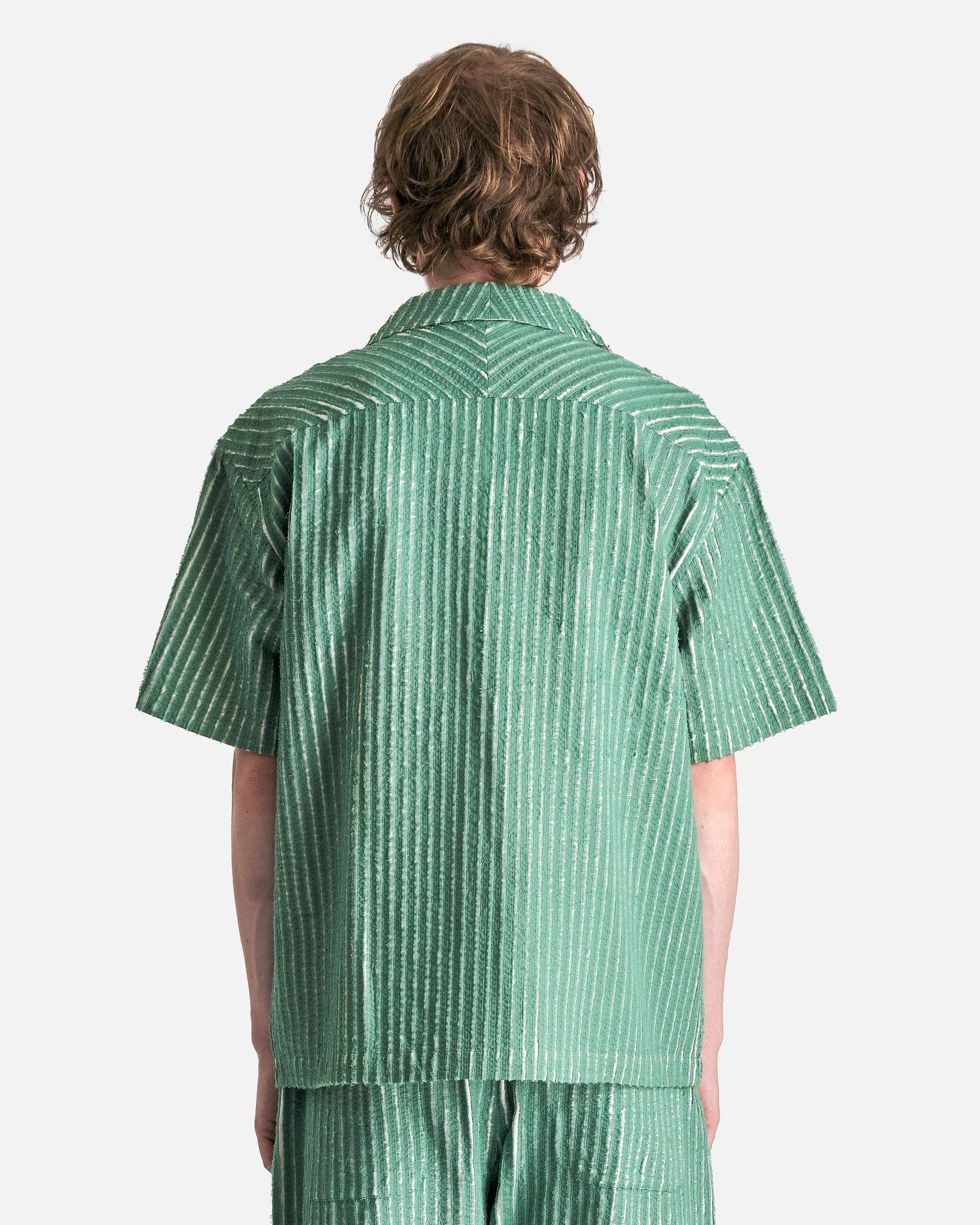 Craig Green Hand-Frayed Striped Short Sleeve Shirt in Green/Cream