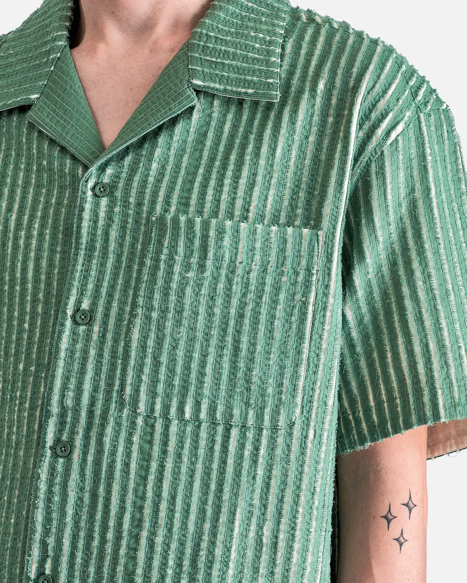 Craig Green Hand-Frayed Striped Short Sleeve Shirt in Green/Cream