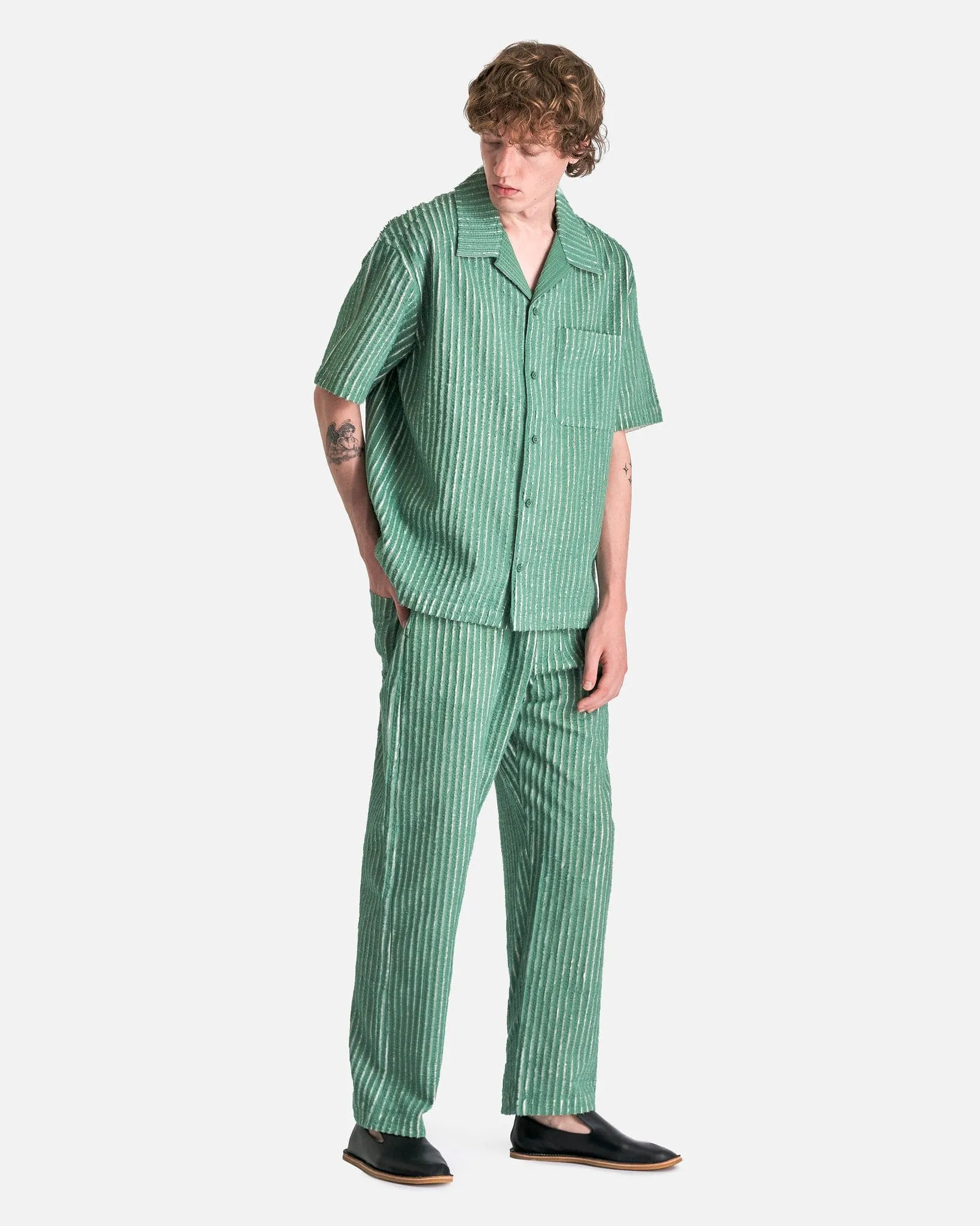 Craig Green Hand-Frayed Striped Short Sleeve Shirt in Green/Cream