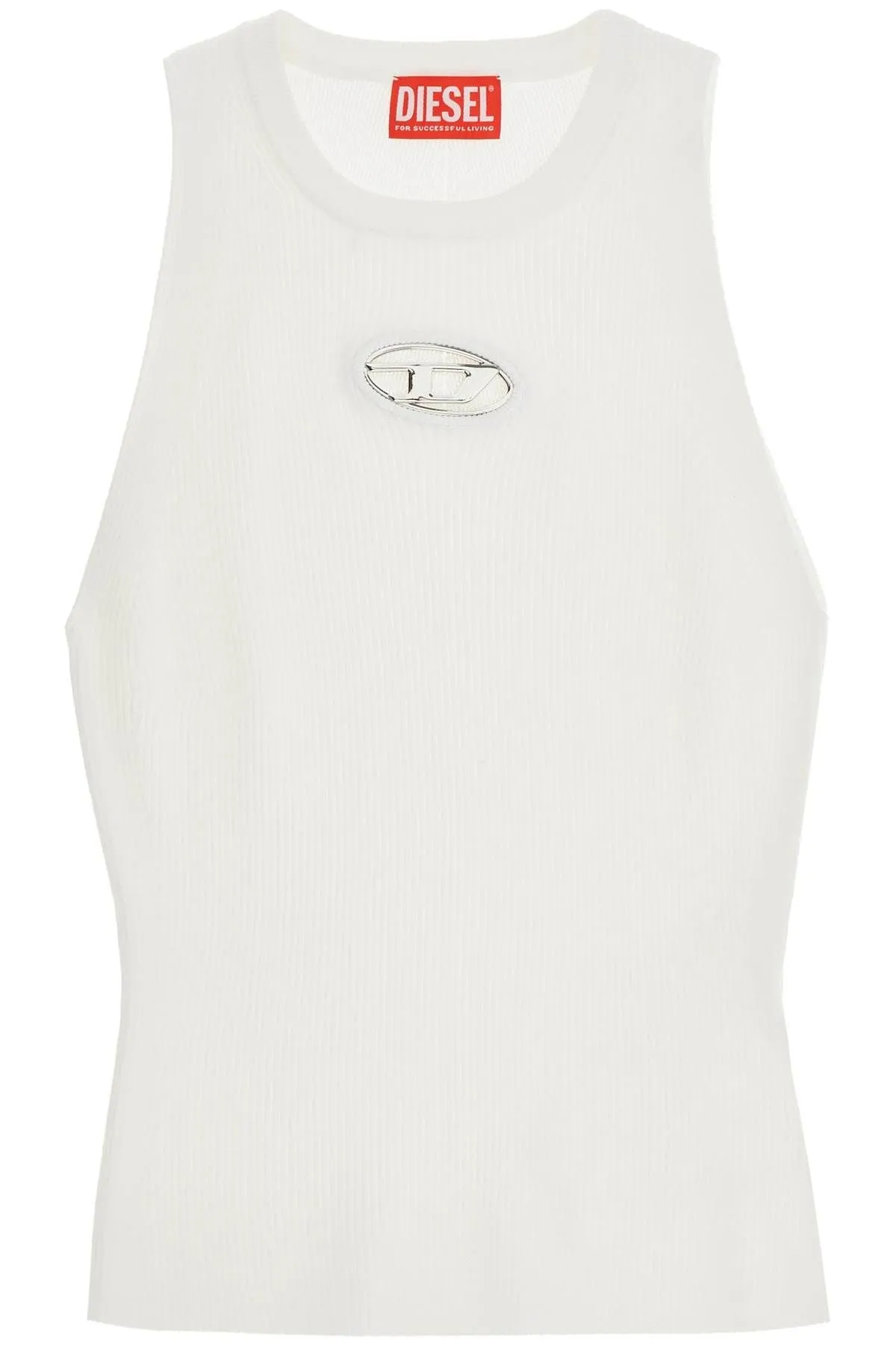 Diesel White Sleeveless Ribbed Viscose Top With Metallic Insert