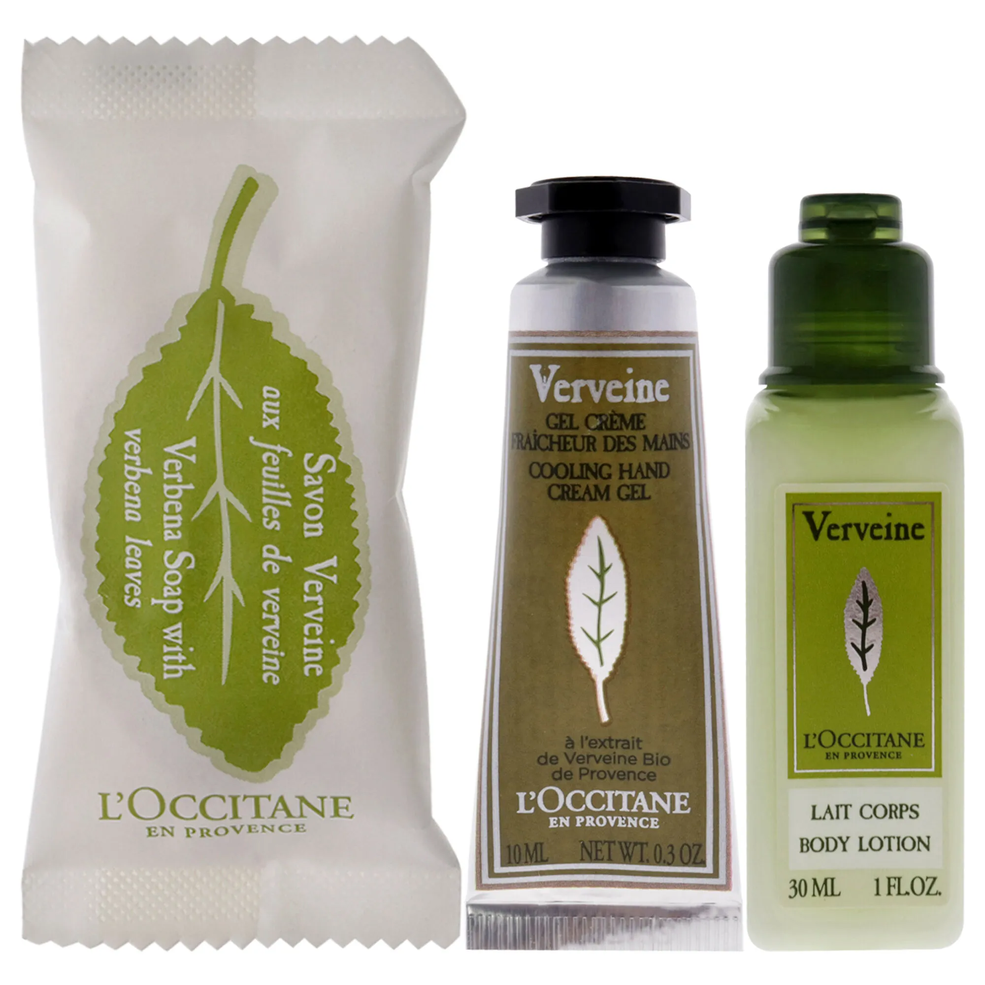 Essential Trio - Verbena by LOccitane for Unisex - 3 Pc 0.88oz Soap - Verbena Leaves, 1oz Body Lotion - Verbena, 0.3oz Hand Crea