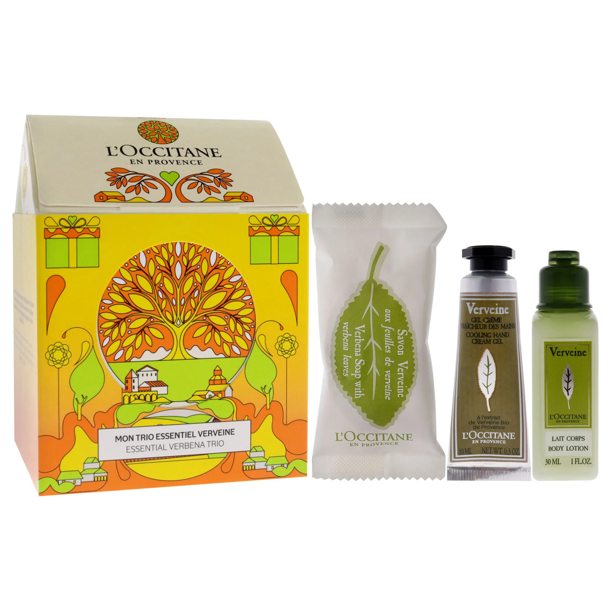 Essential Trio - Verbena by LOccitane for Unisex - 3 Pc 0.88oz Soap - Verbena Leaves, 1oz Body Lotion - Verbena, 0.3oz Hand Crea