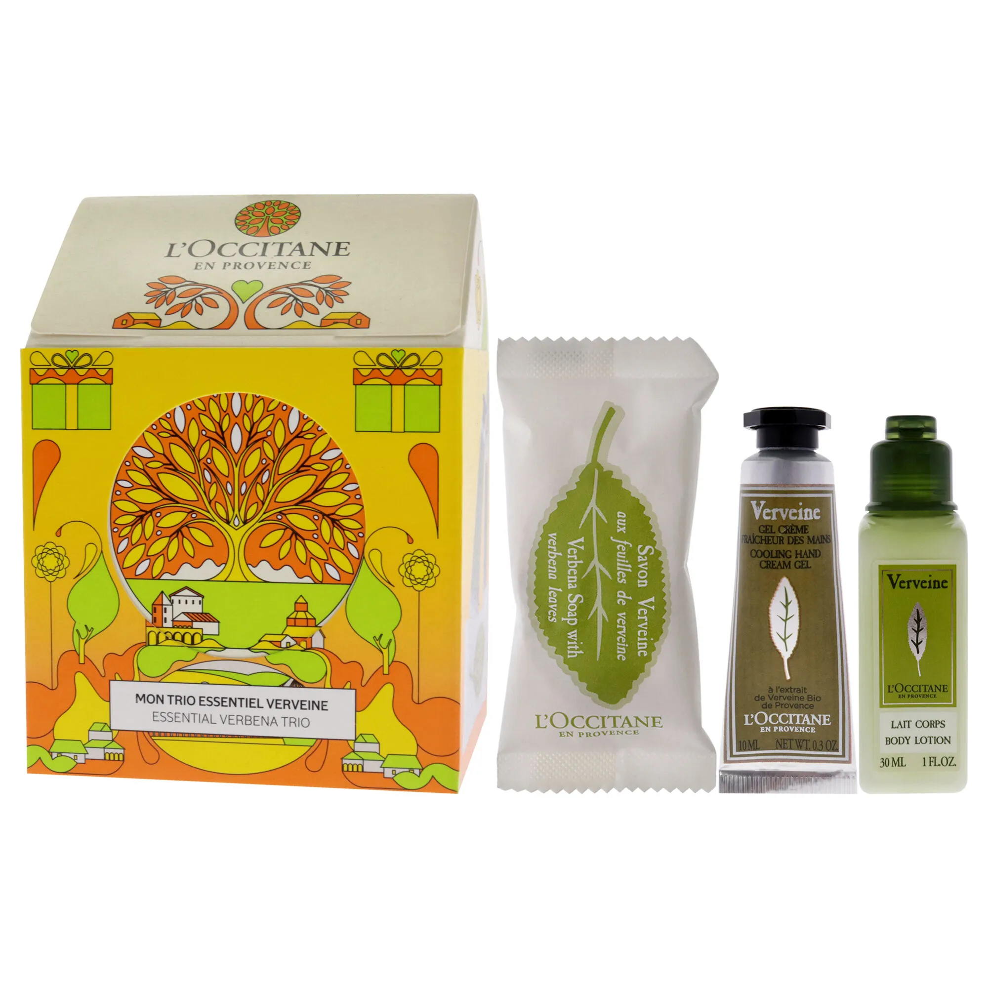 Essential Trio - Verbena by LOccitane for Unisex - 3 Pc 0.88oz Soap - Verbena Leaves, 1oz Body Lotion - Verbena, 0.3oz Hand Crea