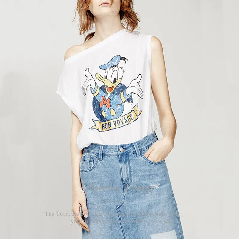 Fashion Sleeveless T-shirts Plus Size Female T shirts Duck Letter Print Top O-neck Women Animal Printt t shirt 71568 SM6