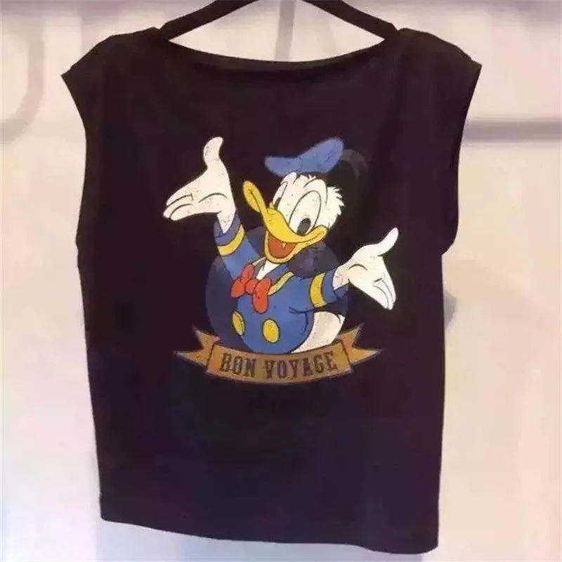 Fashion Sleeveless T-shirts Plus Size Female T shirts Duck Letter Print Top O-neck Women Animal Printt t shirt 71568 SM6