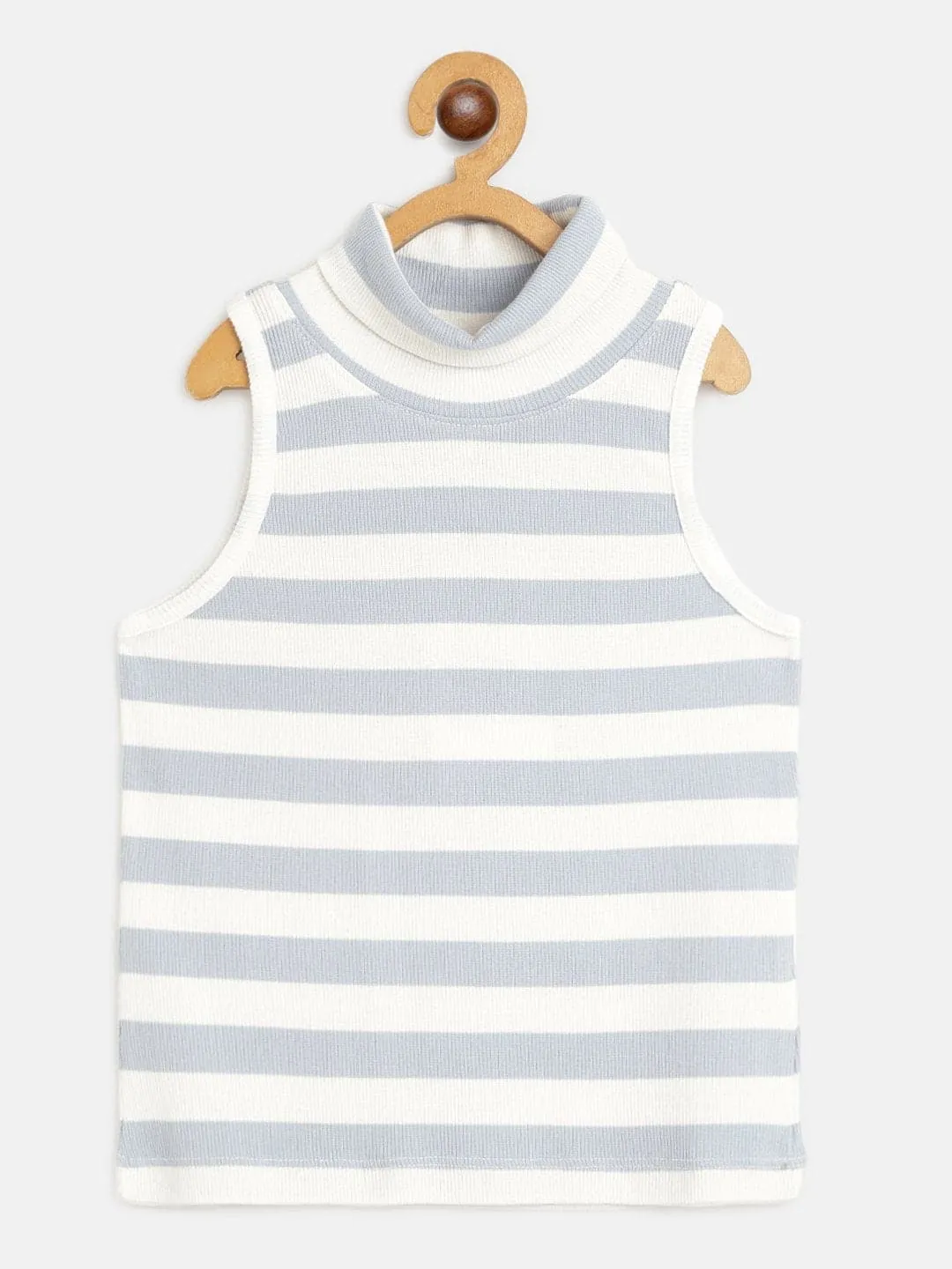 Girls Blue & White Stripes Sleeveless High Neck Rib Top