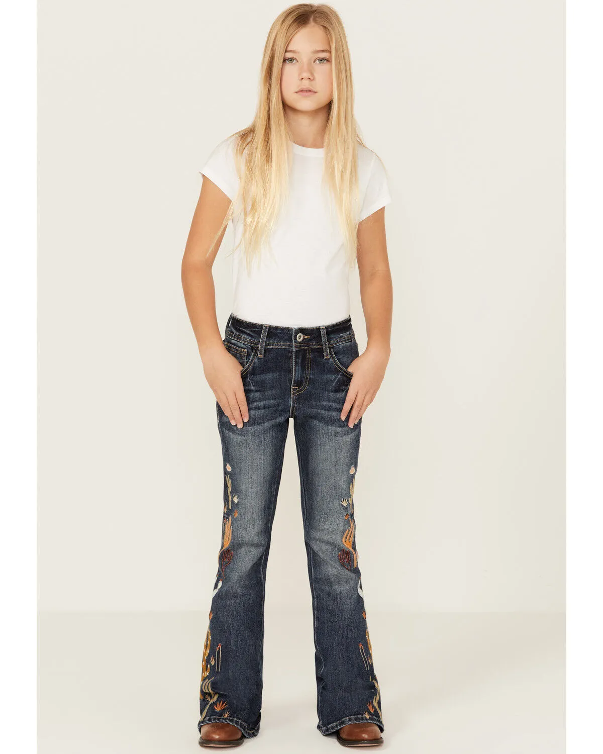 Grace in LA Girls' Medium Wash Cactus Embroidered Stretch Flare Jeans