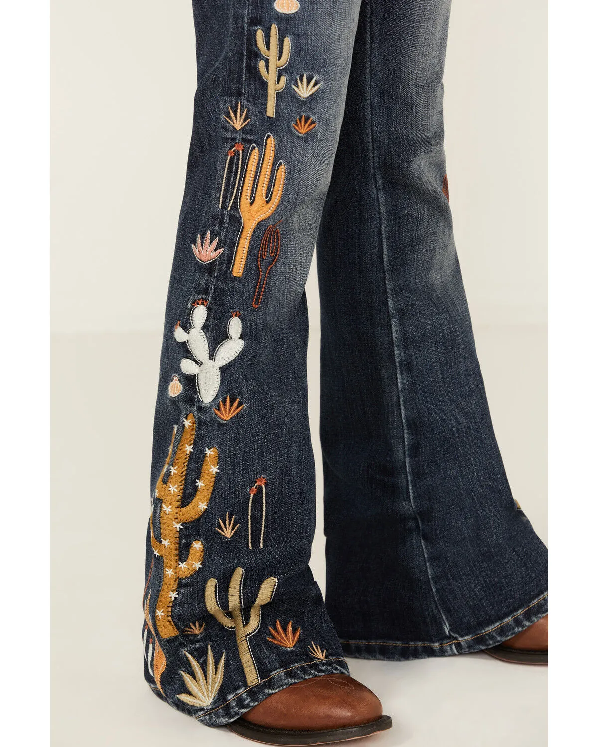 Grace in LA Girls' Medium Wash Cactus Embroidered Stretch Flare Jeans