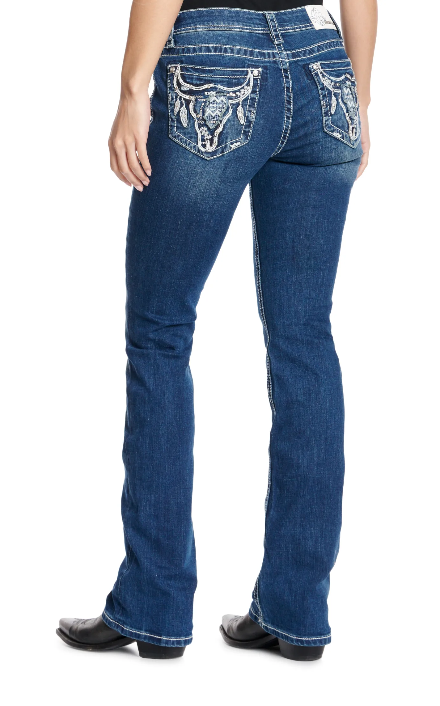 Grace in L.A. Women's Dark Wash Steer & Feathers Embroidered Easy Fit Jeans