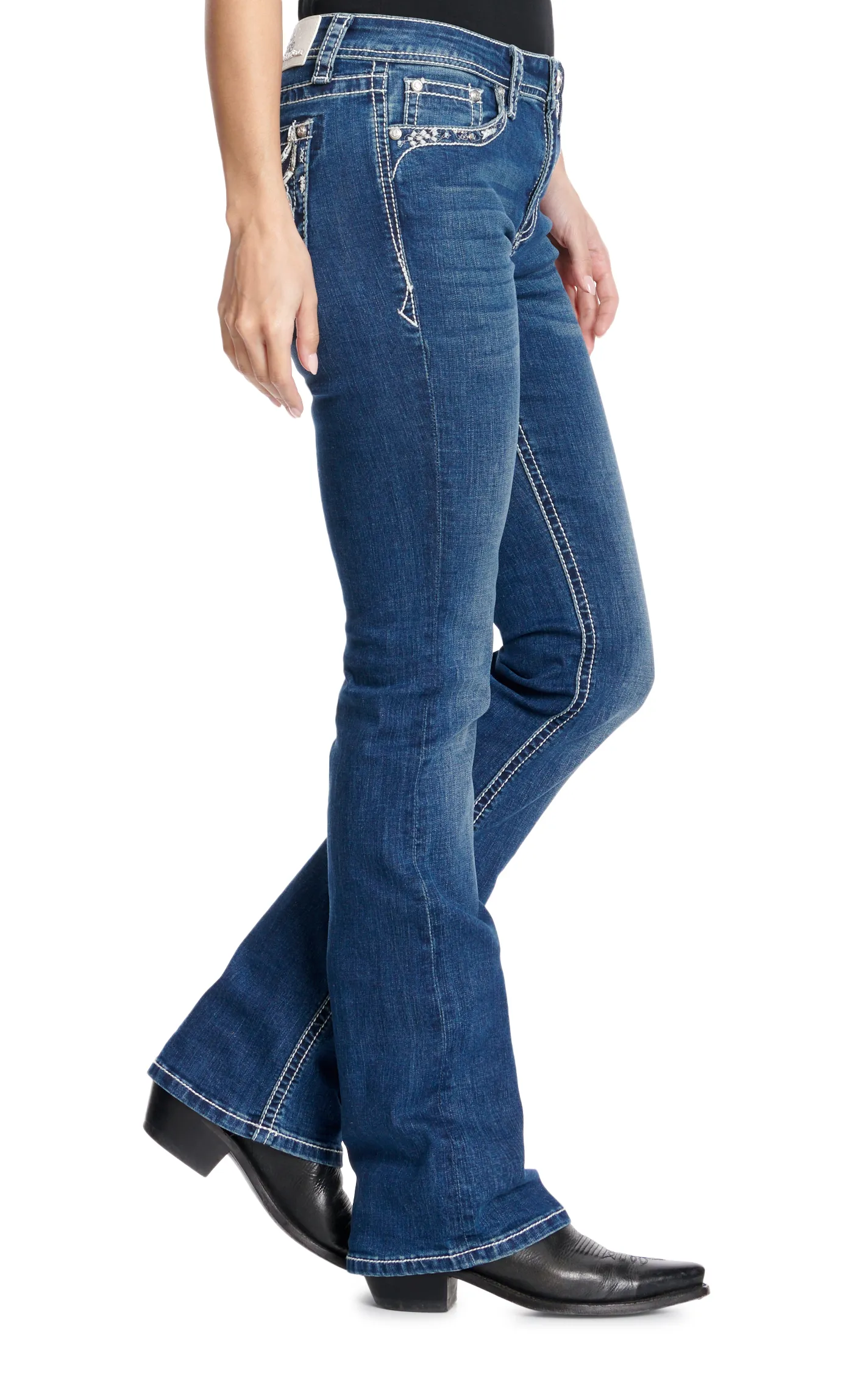 Grace in L.A. Women's Dark Wash Steer & Feathers Embroidered Easy Fit Jeans