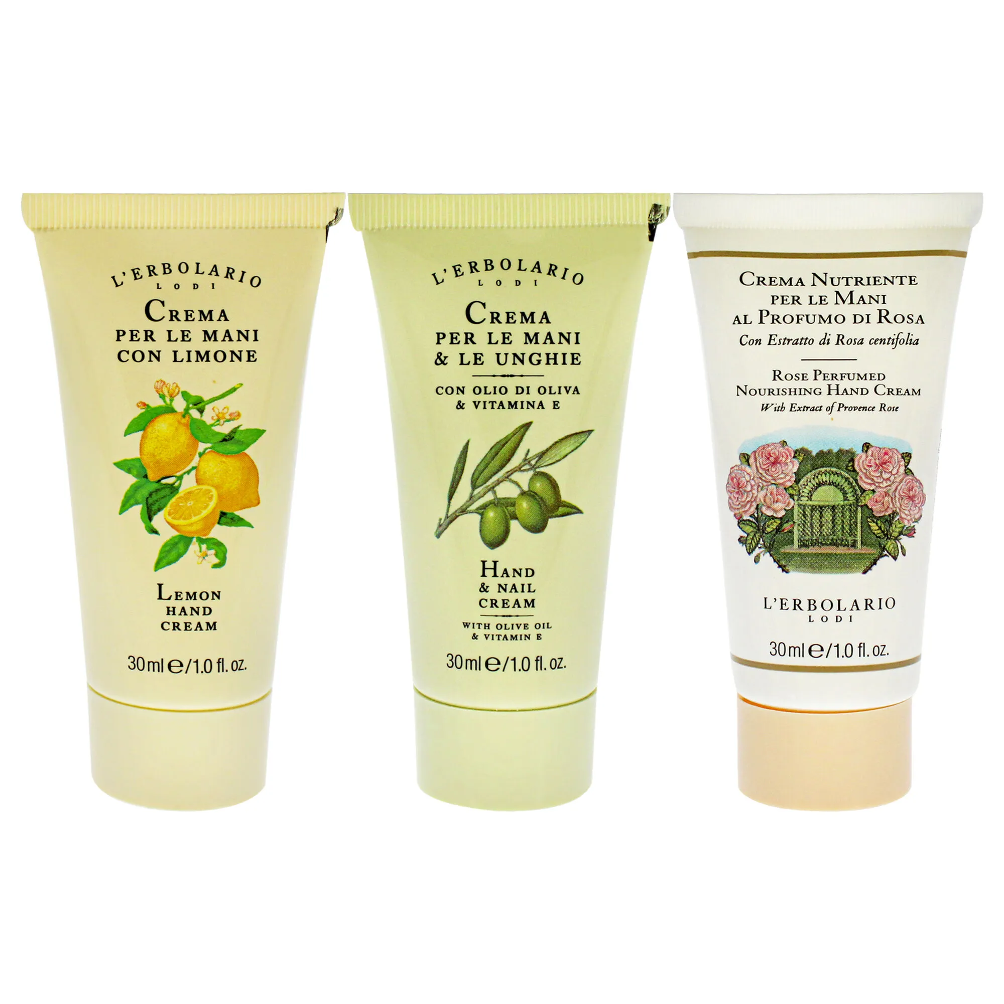 Hand Cream Collection Two by LErbolario for Unisex - 3 Pc 1oz Hand and Nail Cream, 1oz Perfumed Nourishing Hand Cream - Rose, 1o