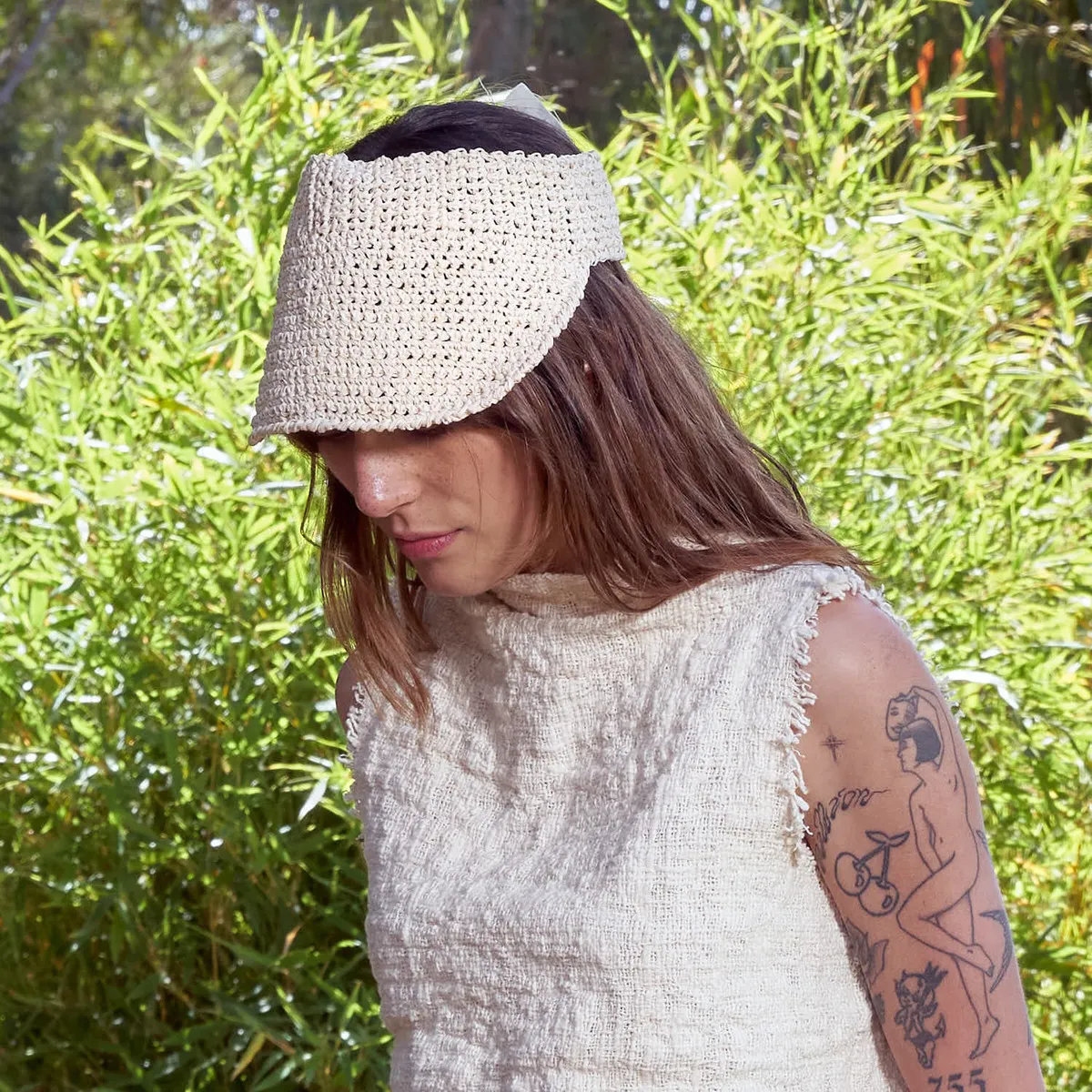 Hand Crocheted Raffia Visor Cap - Cream