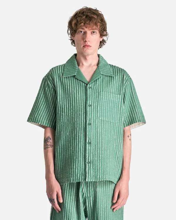 Hand-Frayed Striped Short Sleeve Shirt - Green/Cream