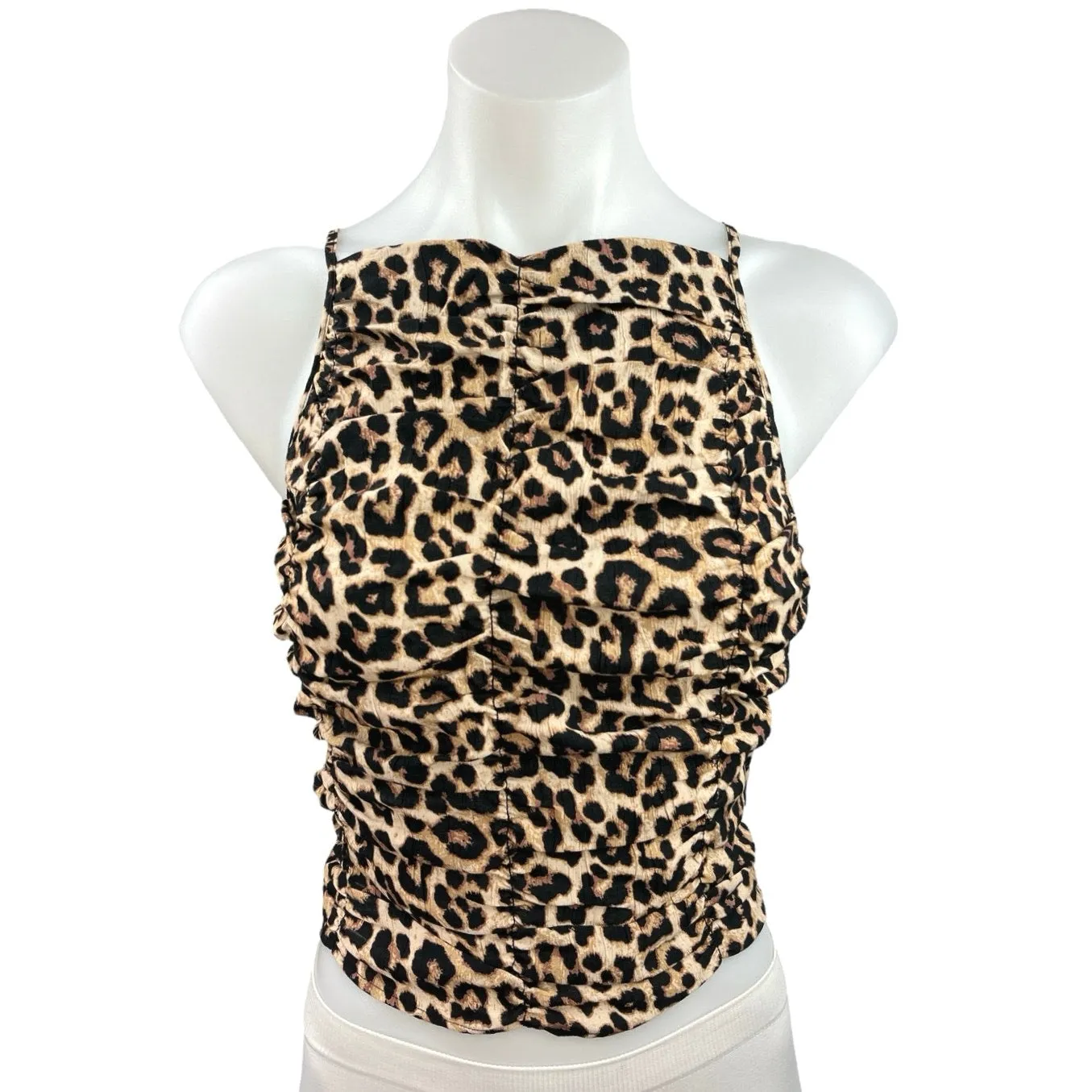 H&M Beige Black Leopard High Neck Sleeveless Smocked Crop Tank Top Size M