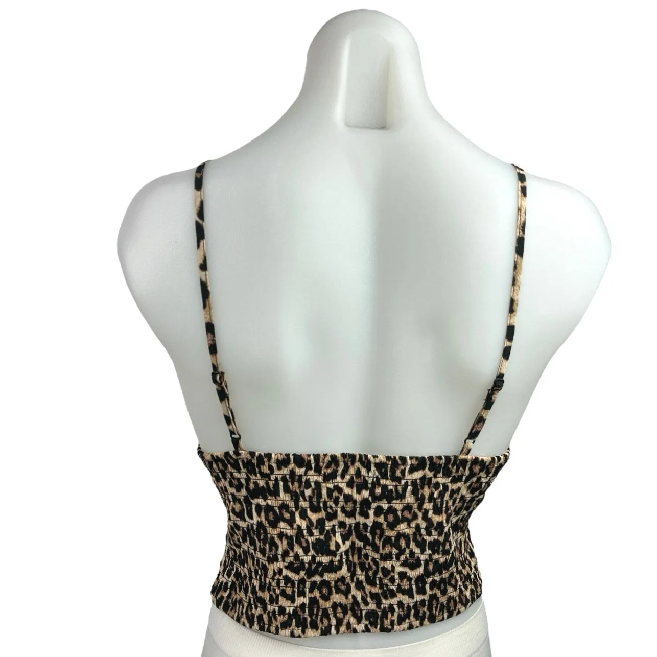 H&M Beige Black Leopard High Neck Sleeveless Smocked Crop Tank Top Size M