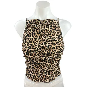 H&M Beige Black Leopard High Neck Sleeveless Smocked Crop Tank Top Size M