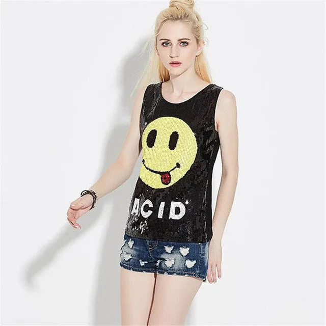 New Women T shirts Smile Print T-shirt Woman O-neck Top Sleeveless Sequined Bling Female Plus Size t shirt 72133 SM6