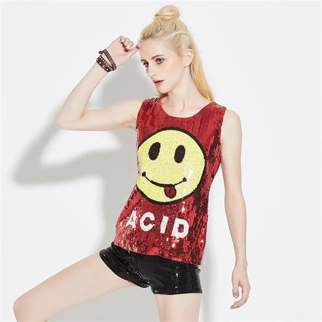 New Women T shirts Smile Print T-shirt Woman O-neck Top Sleeveless Sequined Bling Female Plus Size t shirt 72133 SM6