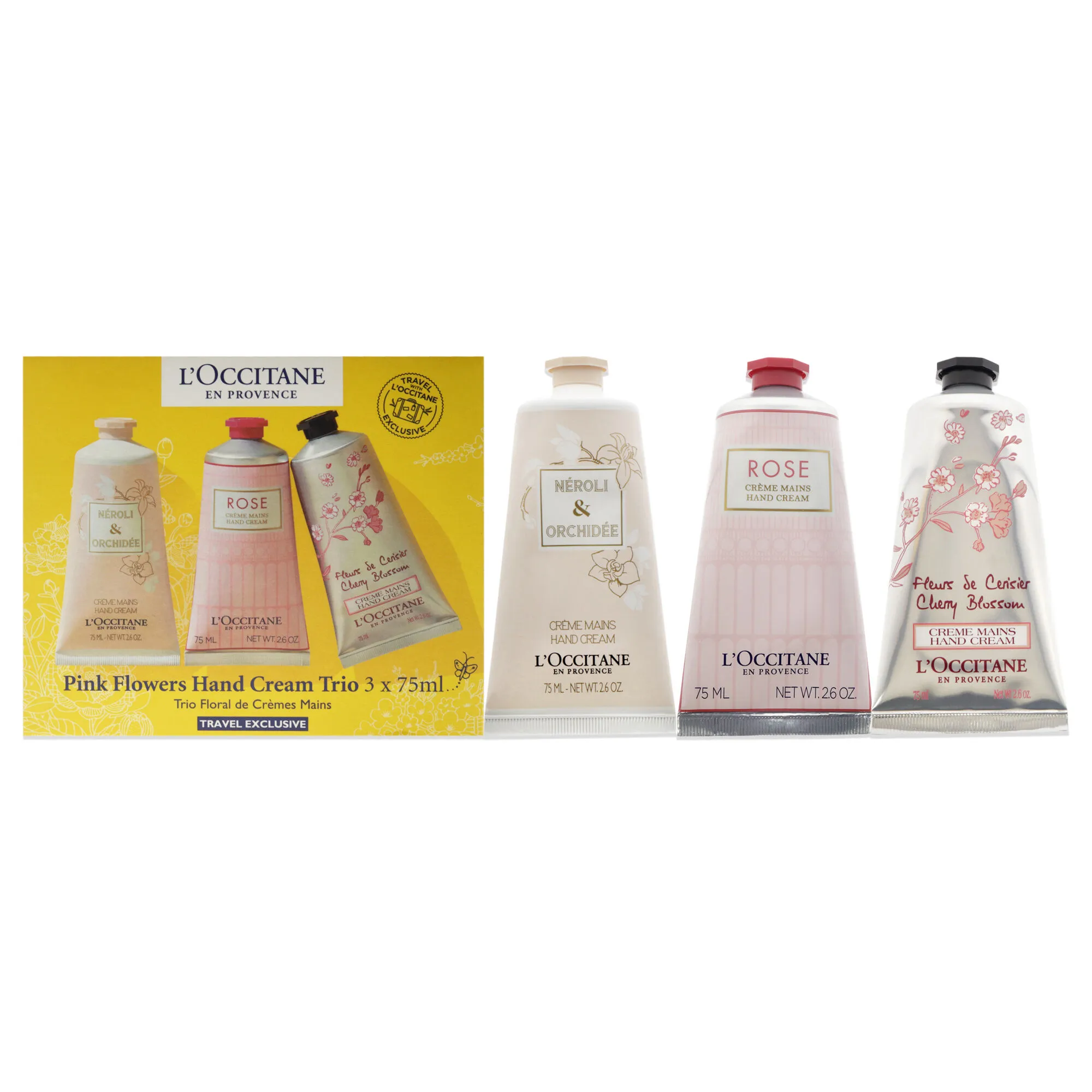 Pink Flowers Hand Cream Trio by LOccitane for Unisex - 3 x 2.6 oz Neroli and Orchidee Hand Cream, Rose Hand Cream, Cherry Blosso