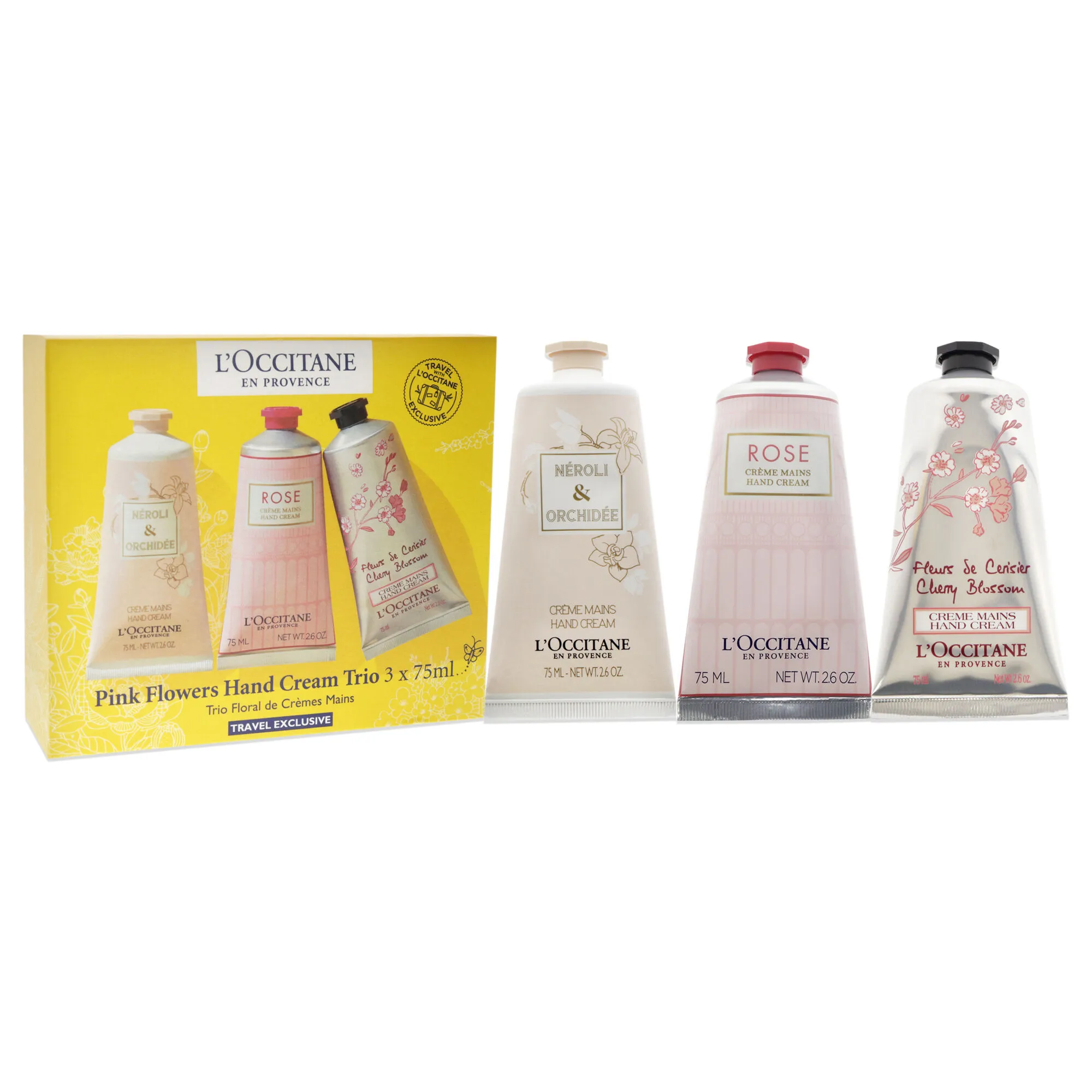 Pink Flowers Hand Cream Trio by LOccitane for Unisex - 3 x 2.6 oz Neroli and Orchidee Hand Cream, Rose Hand Cream, Cherry Blosso