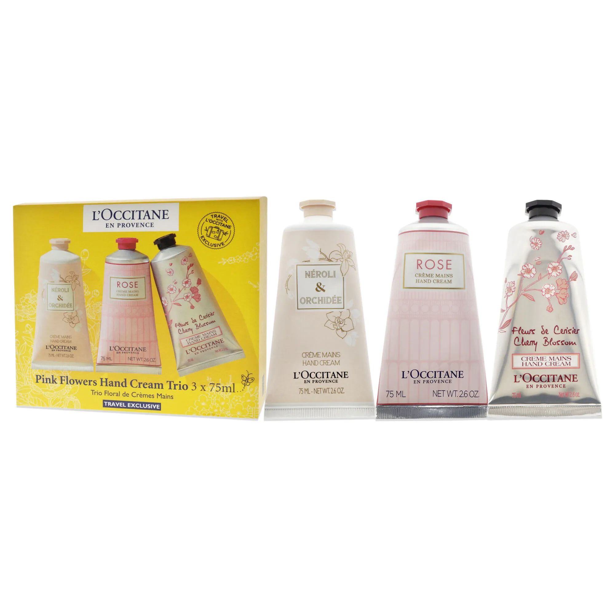 Pink Flowers Hand Cream Trio by LOccitane for Unisex - 3 x 2.6 oz Neroli and Orchidee Hand Cream, Rose Hand Cream, Cherry Blosso