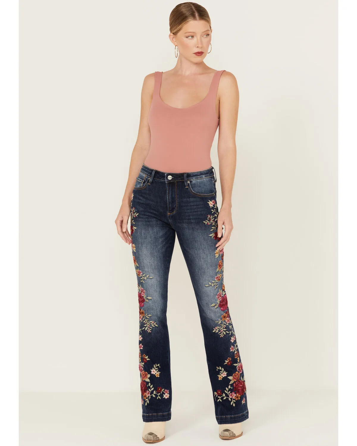 Product Name:  Driftwood Women's Medium Wash High Rise Floral Embroidered Stretch Flare Jeans