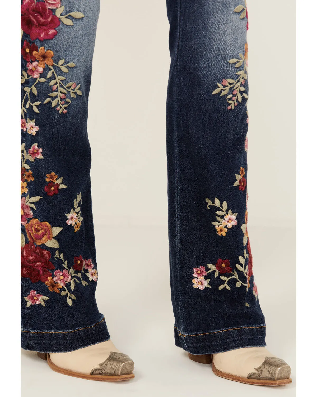 Product Name:  Driftwood Women's Medium Wash High Rise Floral Embroidered Stretch Flare Jeans