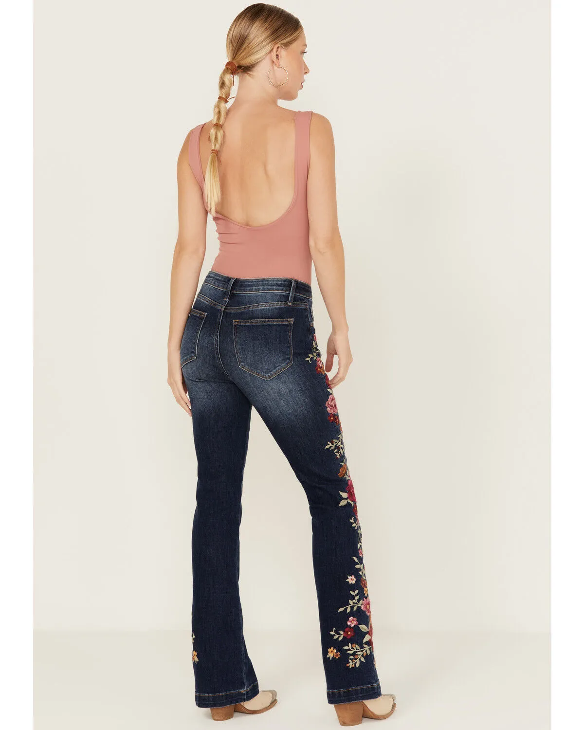 Product Name:  Driftwood Women's Medium Wash High Rise Floral Embroidered Stretch Flare Jeans