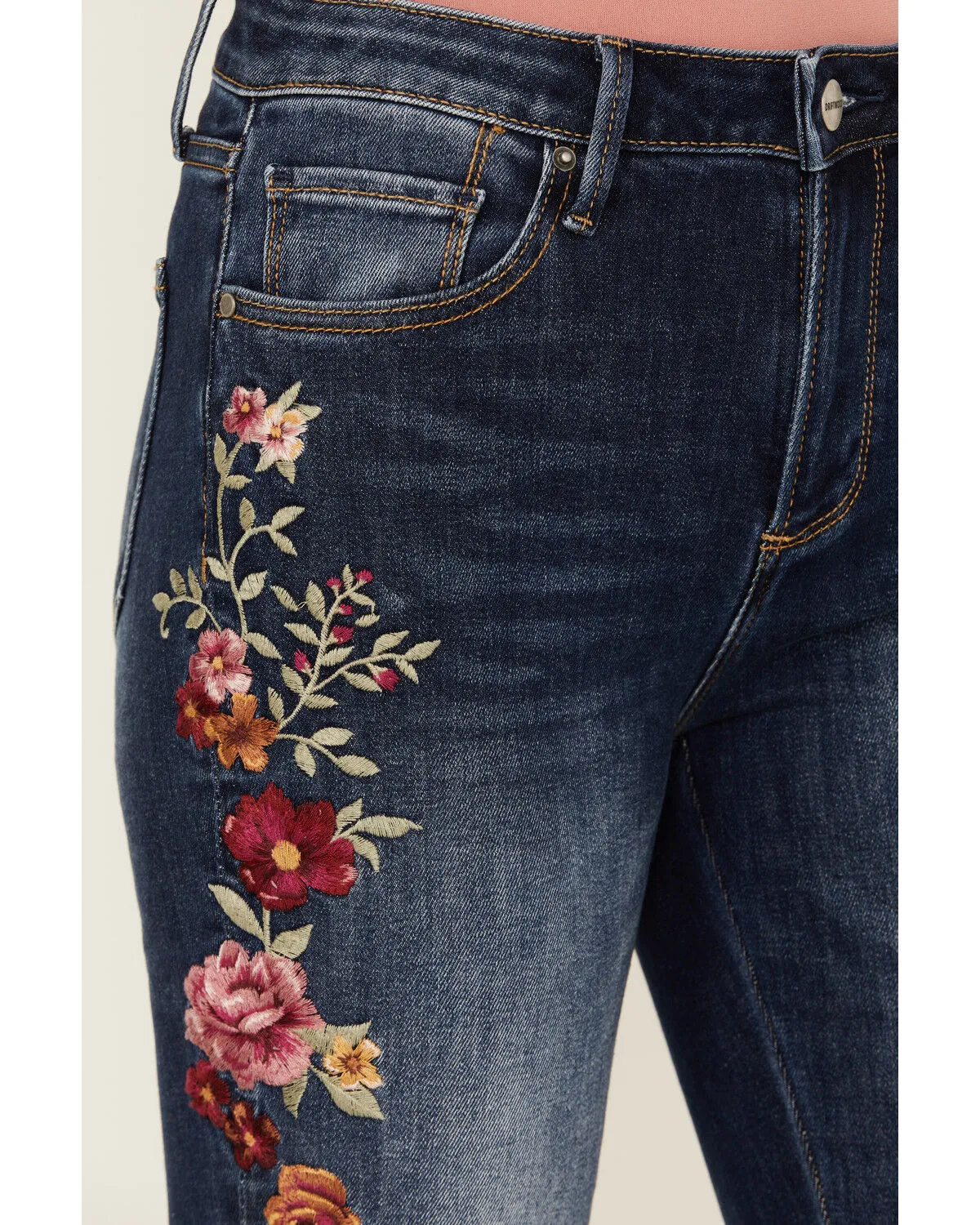 Product Name:  Driftwood Women's Medium Wash High Rise Floral Embroidered Stretch Flare Jeans