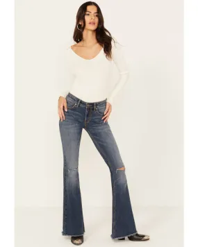 Product Name:  Shyanne Women's Sand Palm Medium Wash Mid Rise Stretch Flare Jeans