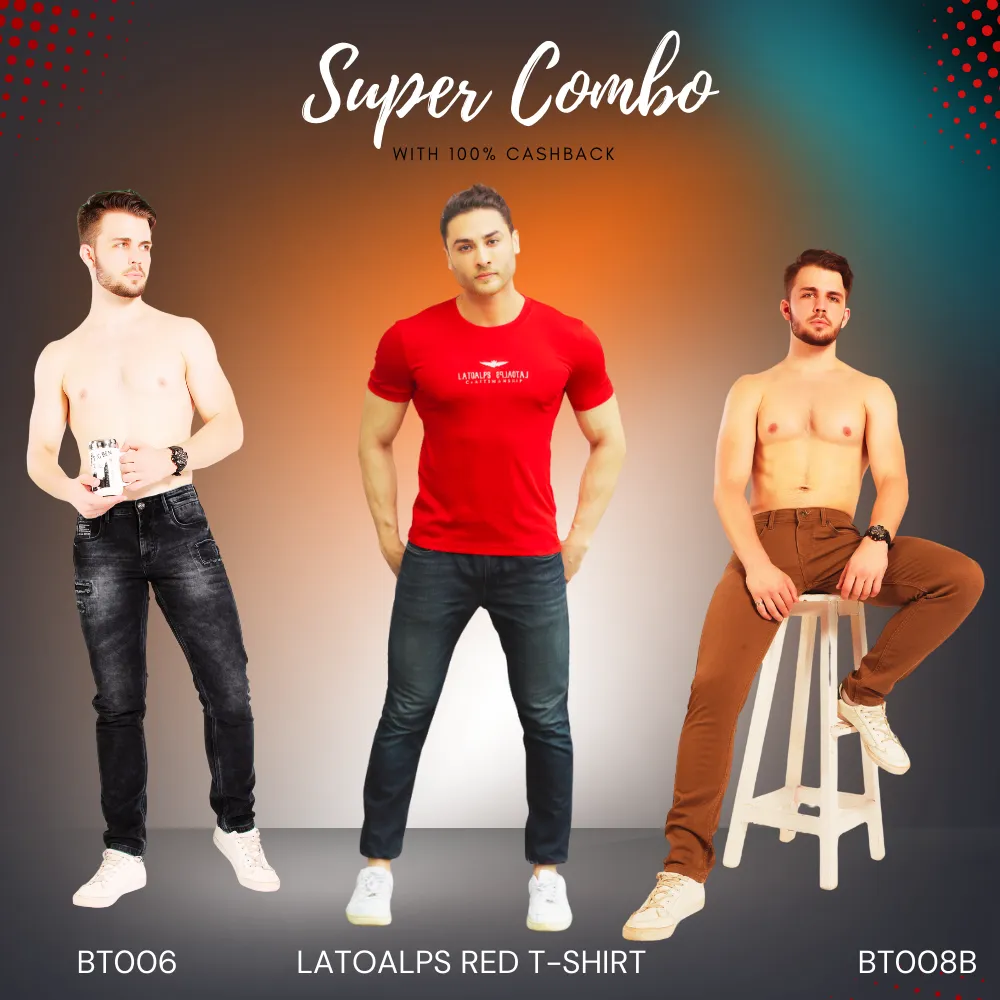 Red LATOALPS Italian fabric T-Shirt OR Pack OF 2 BlackTree Jeans with 100% Cashback offer.