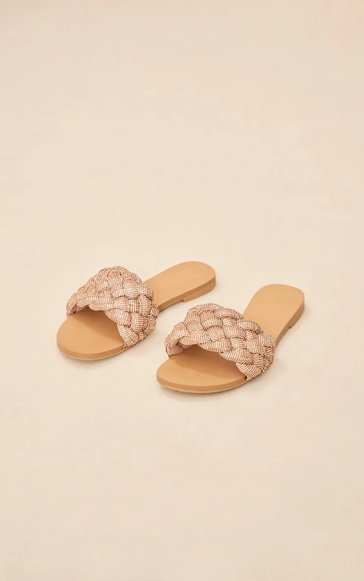 Rose Gold Thick Diamante Strap Mule Sandals