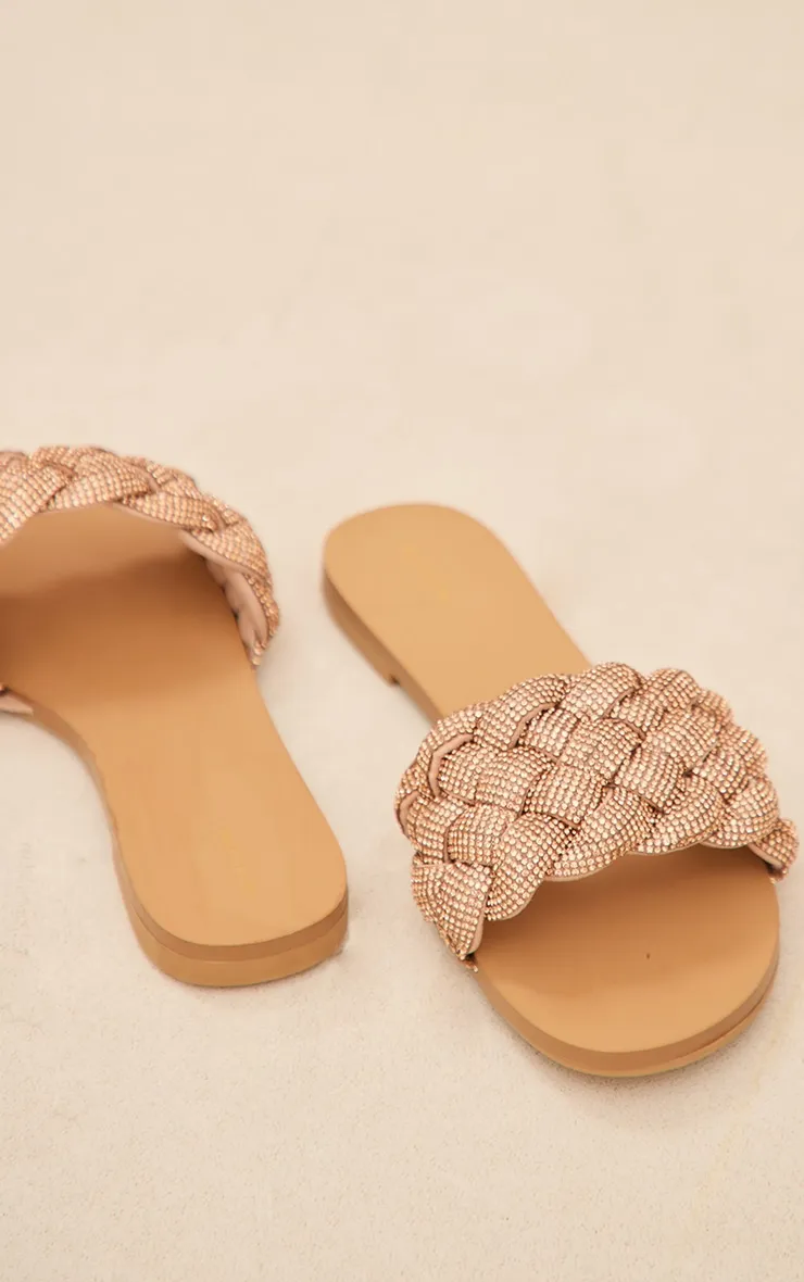 Rose Gold Thick Diamante Strap Mule Sandals