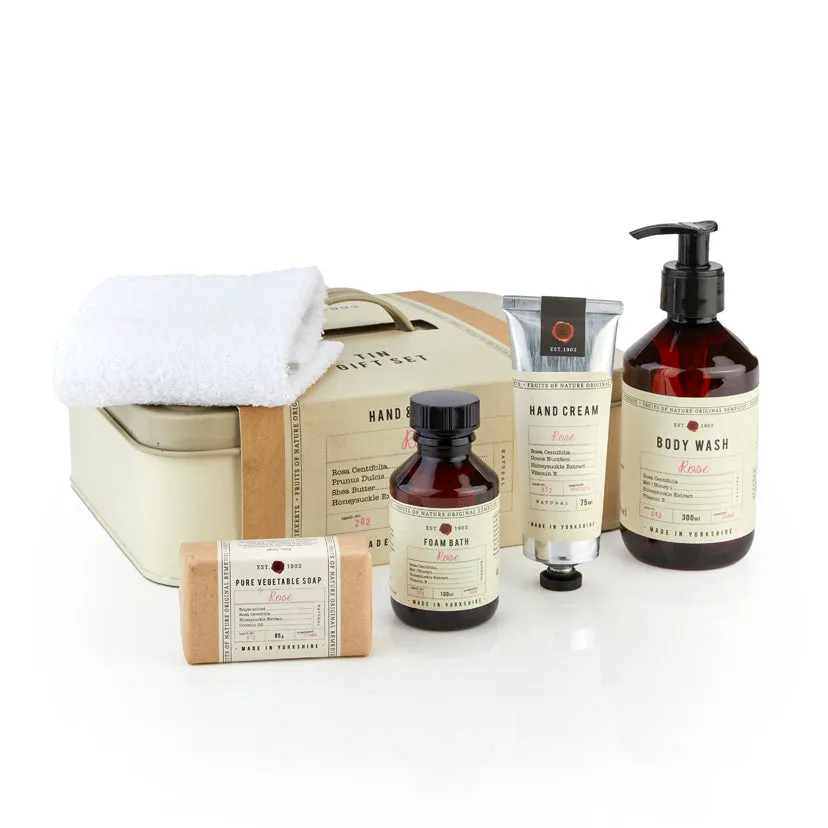 Rose Luxury Tin Gift (Hand & Body Wash, Hand Cream, Foam Bath, Soap Bar and Flannel)