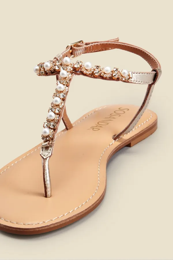 Saskia Rhinestone Embellished Strap Leather Flat Sandals