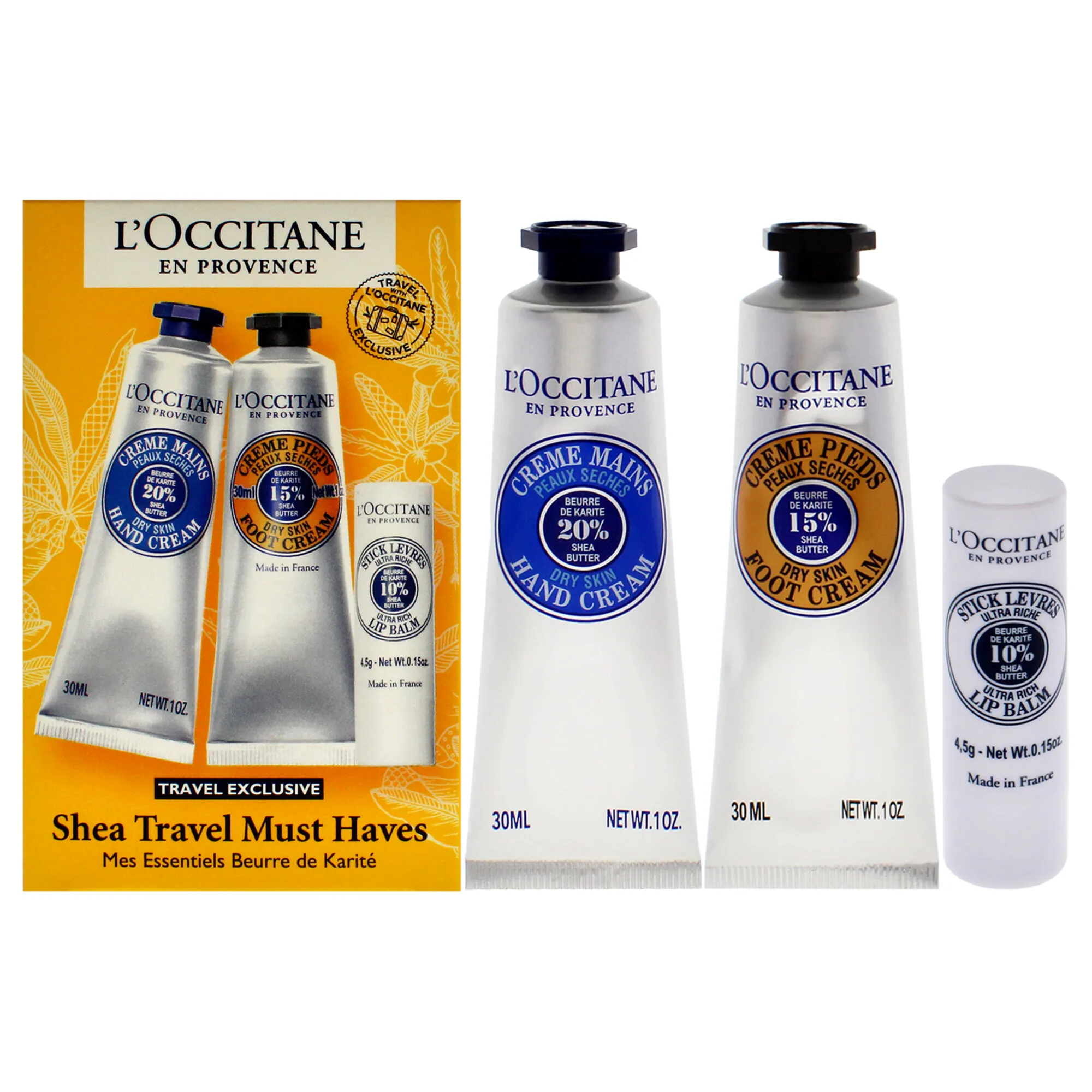 Shea Travel Must Haves Set by LOccitane for Unisex - 3 Pc 1oz Shea Dry Skin Hand Cream, 1oz Shea Dry Skin Foot Cream, 0.15oz She