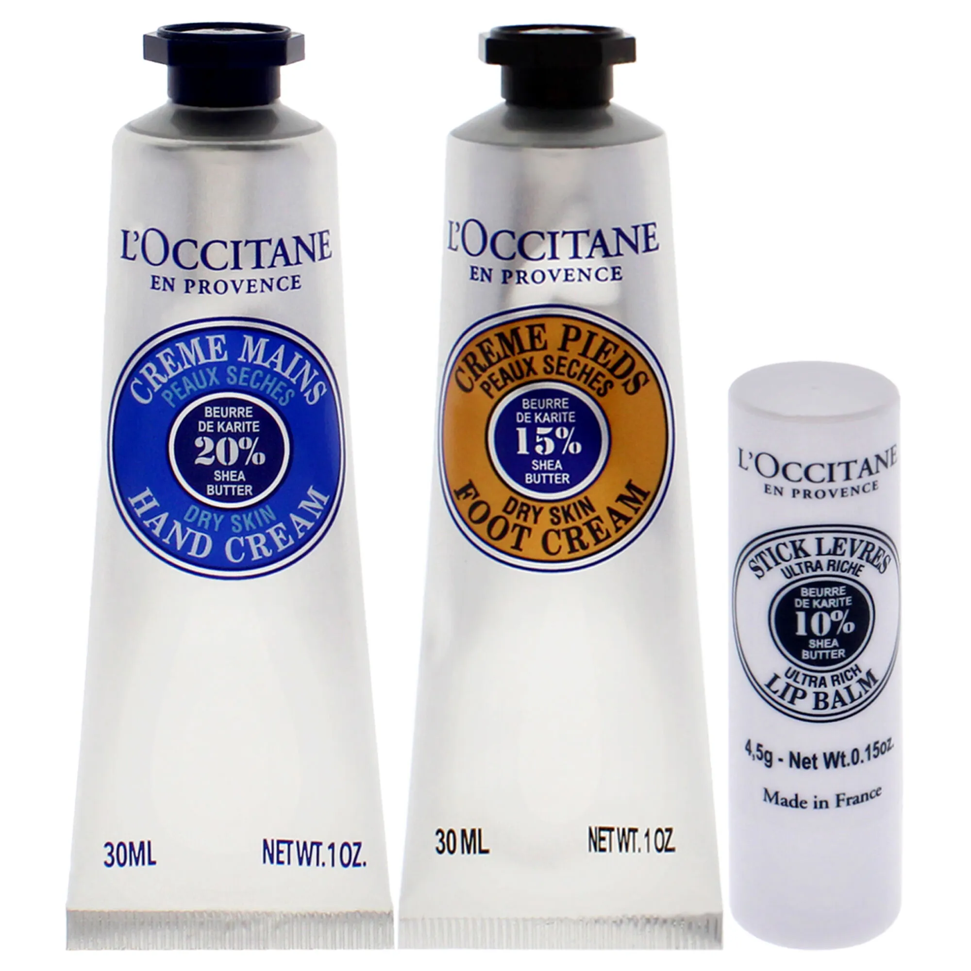 Shea Travel Must Haves Set by LOccitane for Unisex - 3 Pc 1oz Shea Dry Skin Hand Cream, 1oz Shea Dry Skin Foot Cream, 0.15oz She