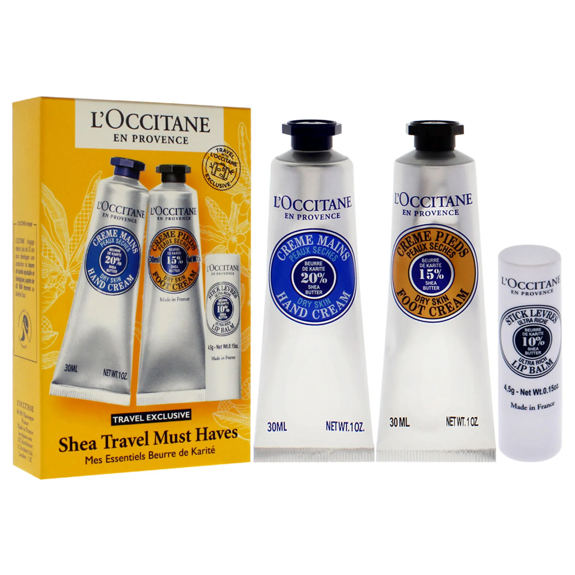 Shea Travel Must Haves Set by LOccitane for Unisex - 3 Pc 1oz Shea Dry Skin Hand Cream, 1oz Shea Dry Skin Foot Cream, 0.15oz She