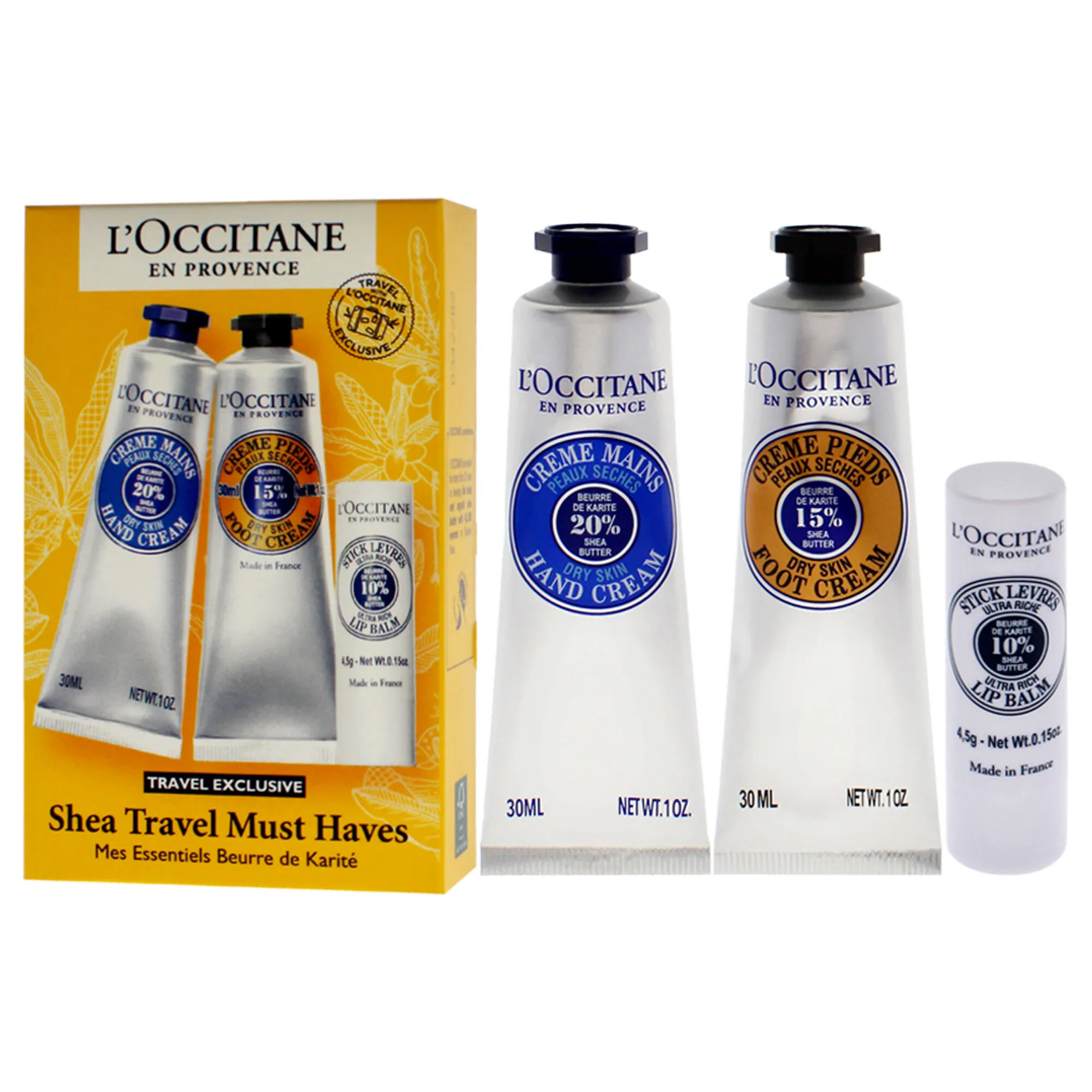 Shea Travel Must Haves Set by LOccitane for Unisex - 3 Pc 1oz Shea Dry Skin Hand Cream, 1oz Shea Dry Skin Foot Cream, 0.15oz She