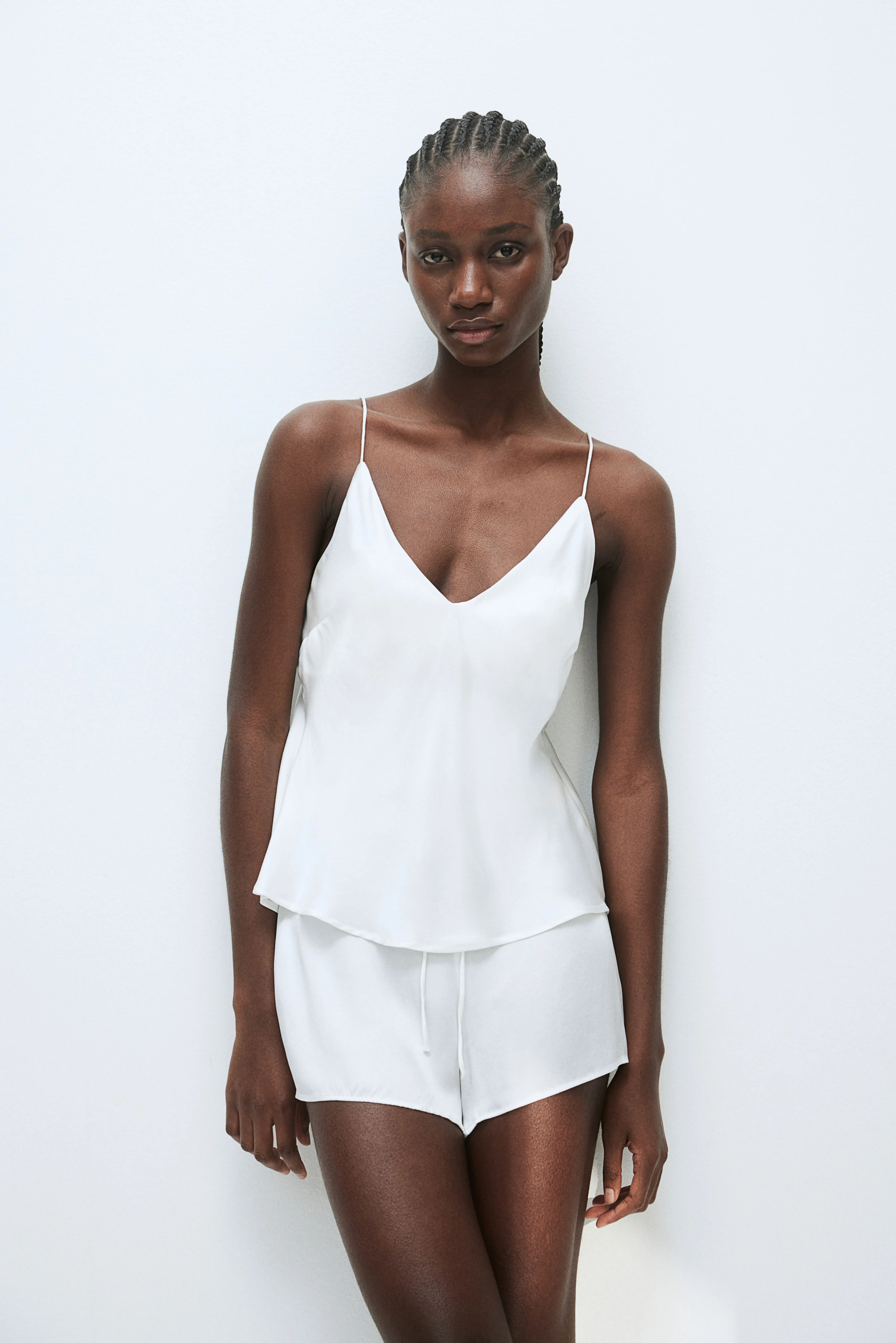 Silk-blend satin strappy top - Deep neckline - Sleeveless - White - Ladies | H&M GB